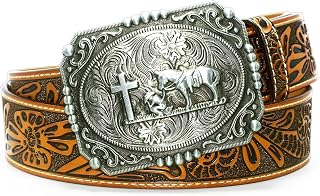 Moranse Belts With Religion Cross Kneeling Prayer Western Cowboy Buckle,Genuine Leather,Classic Retro Designs
