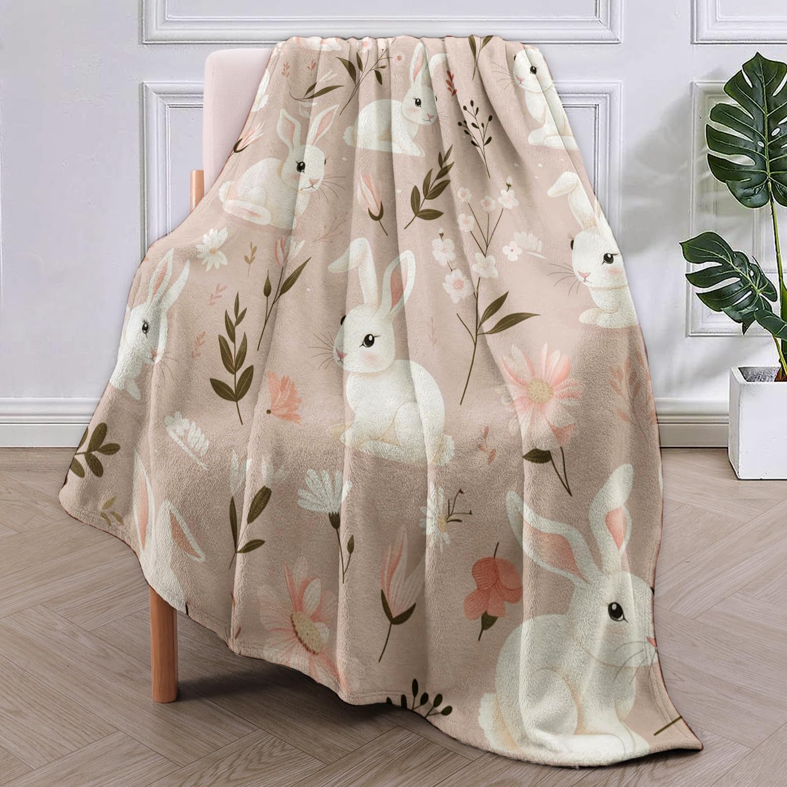 Coperta In Pile Di Flanella Morbida Con Coniglietto Pasquale E Fiori - Plaid Accogliente Per Divano E Letto, Leggera Per Tutte Le Stagioni