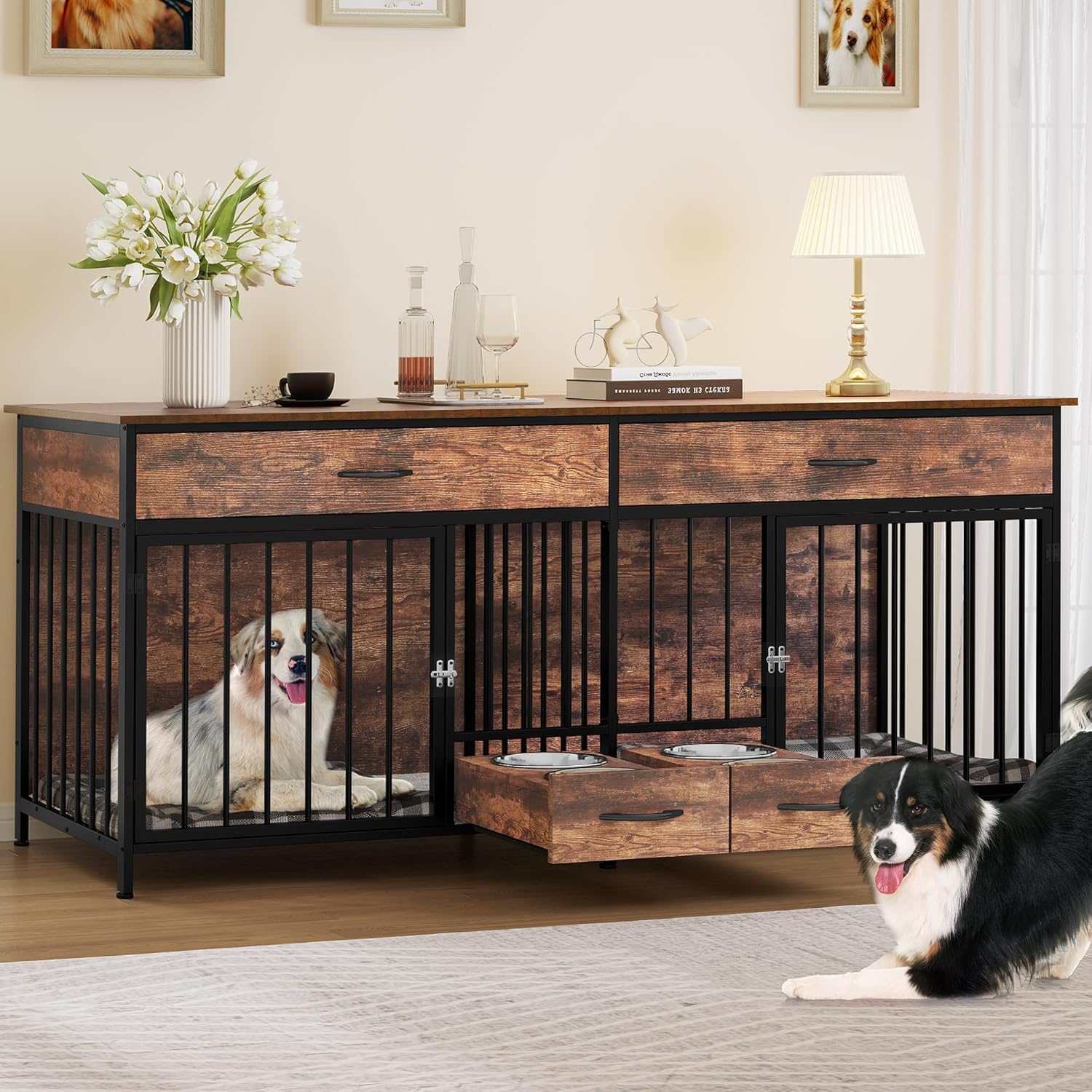 DWVO Double Dog Crate TV Stand with Dog Feeder, 74.8" Wooden Large Dog Kennel with Storage, Double Dog Crate Furniture for 2 Small Medium Dogs, Brown Brown 74.8"L x 22"W x 34"H