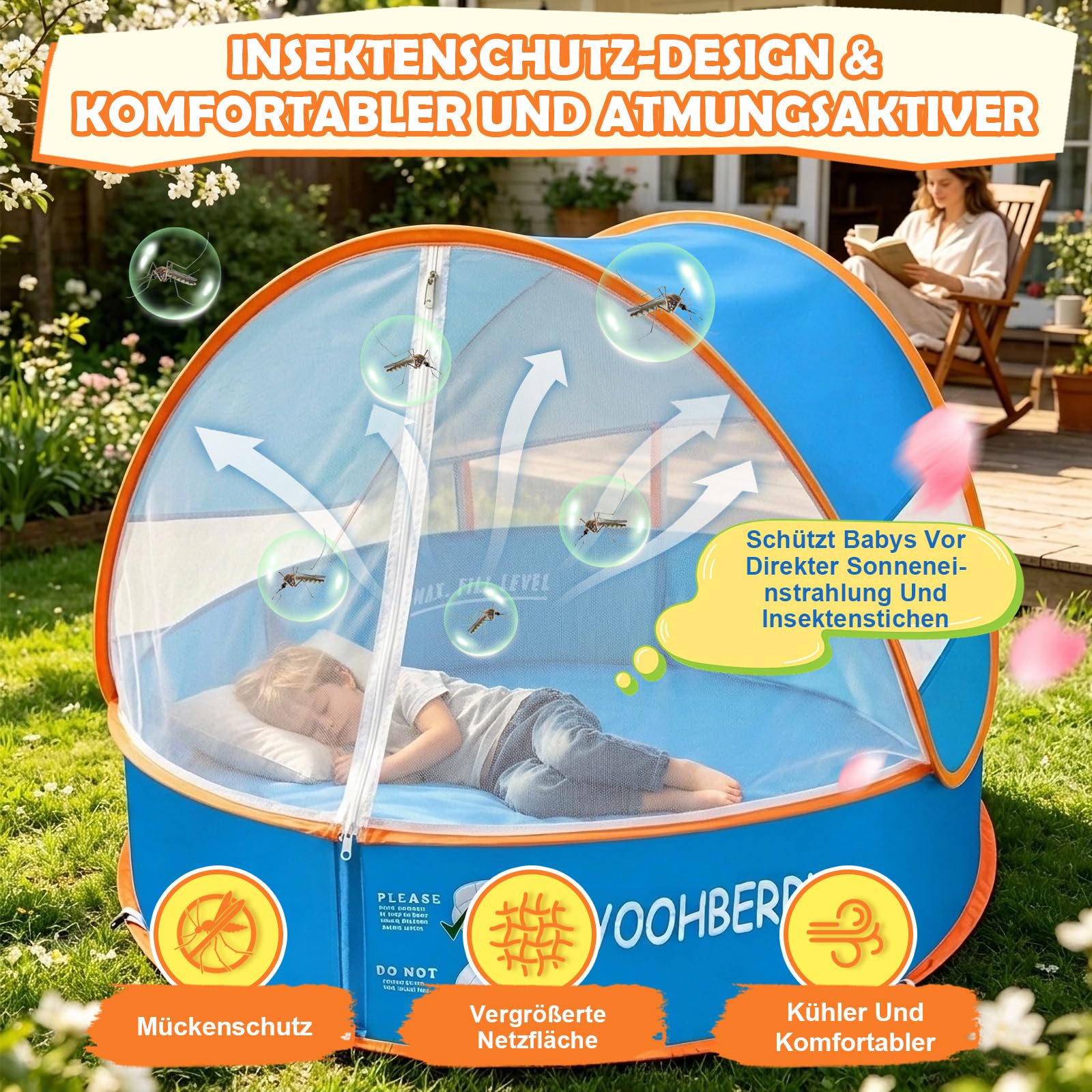 YOOHBERRYS 4-in-1 Pop Up Baby Planschbecken, Strandmuschel Baby mit UV Schutz SPF 50+, Strandzelt Babys mit Moskitonetz, Tragbare Spielzelt Bällebad für Picknick Garten Strand