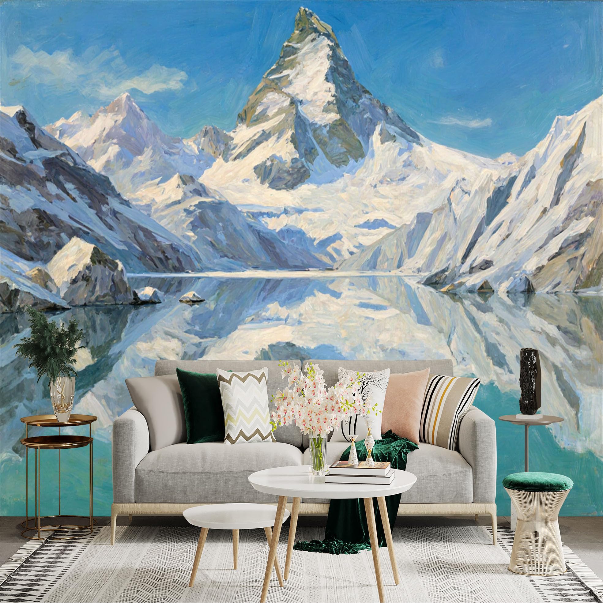 Custom Size Wall Sticker Mural， Snowy Mountain Peak with Glacier Lake and Blue Sky Reflection， for wall Decoration， peelandstick wall Decals.