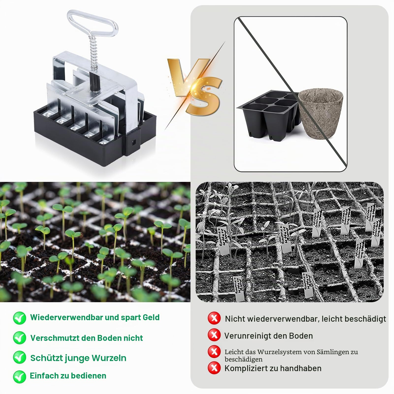 2-in-1 Soil Block Maker Für Saatgut, Erdballenpresse Anzucht Mit Verdickter Griff, Manueller Quad Bodenblocker Set Für Saatgut-Stater, Garten Boden Blumenerde Für Outdoor-Pflanzen