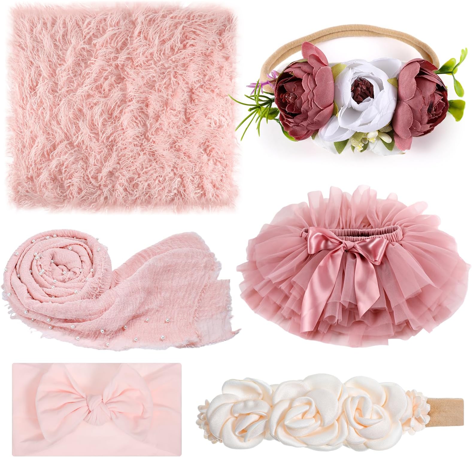 6 Pcs Newborn Photography Props Outfits Included Newborn Photography Props Wraps Blanket TuTu Skirt and Headbands Baby Photo Set for Infant Boys Girls