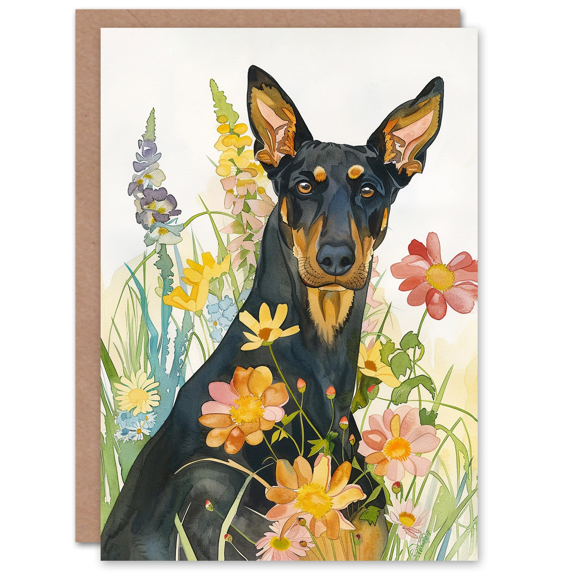 Artery8 Dog Lover Doberman With Wildflowers Watercolour For Her Woman Birthday Card