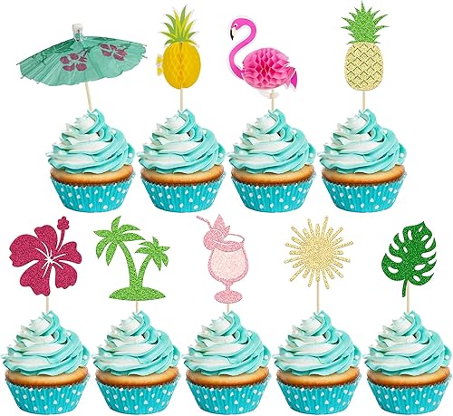 36 piezas de adornos tropicales para cupcakes, palmera, flores, tortuga, flamenco, piña, cupcakes, para verano, hawaiano, tropical, Luau, fiesta de