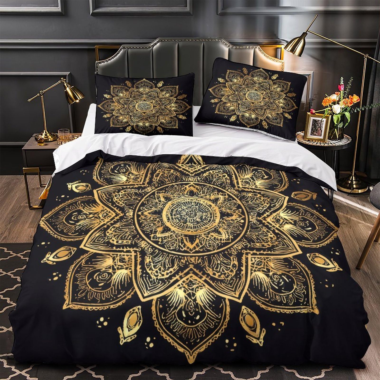 Parure de lit Mandala d'or 140x200 microfilbre housse de couette single