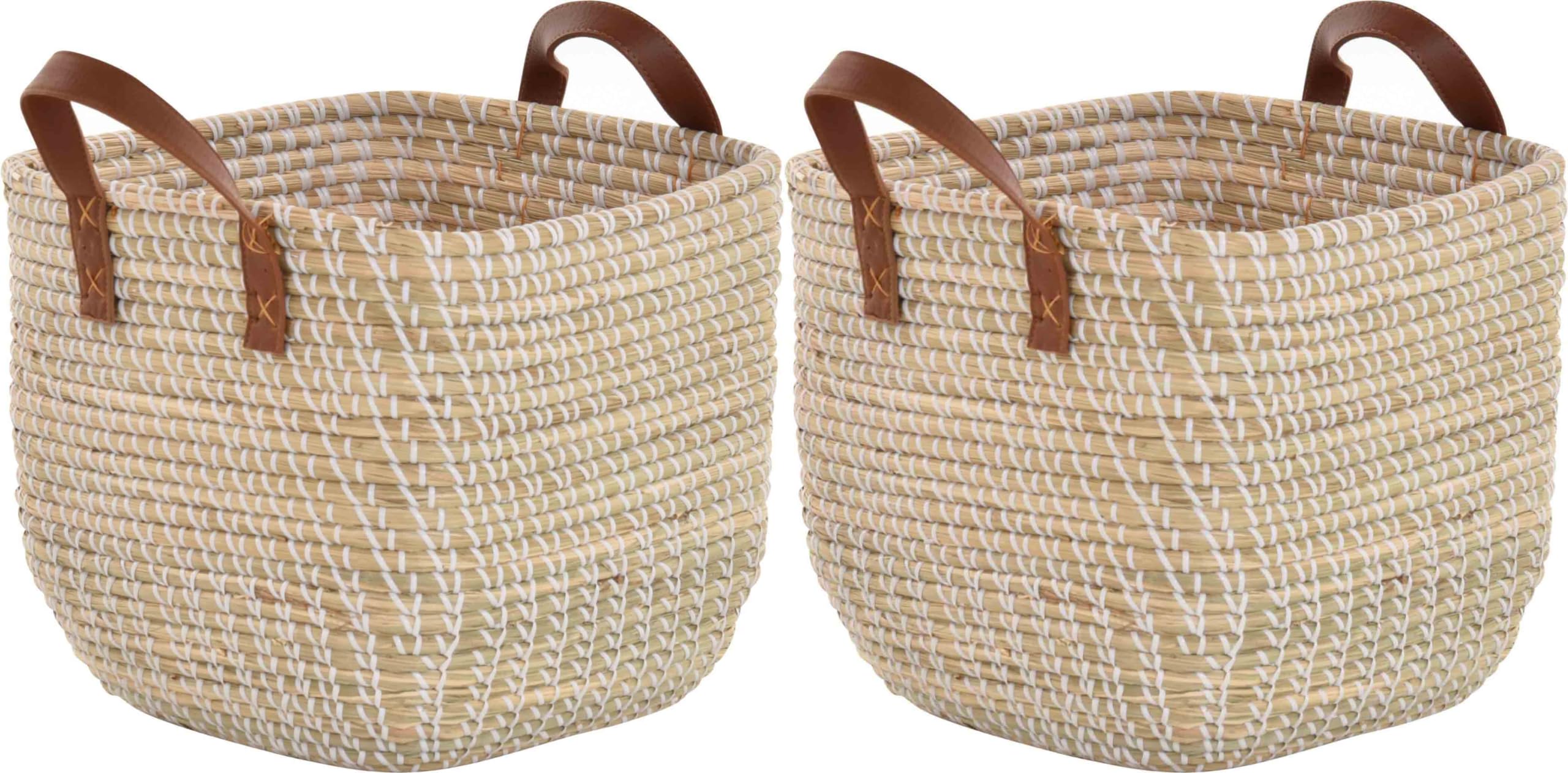 Lot de 2 corbeilles décoratives en jonc de mer faites à la main pour le rangement avec enroulement blanc (naturel clair, lot de 2 carrées (33 x 33 x 29 cm)