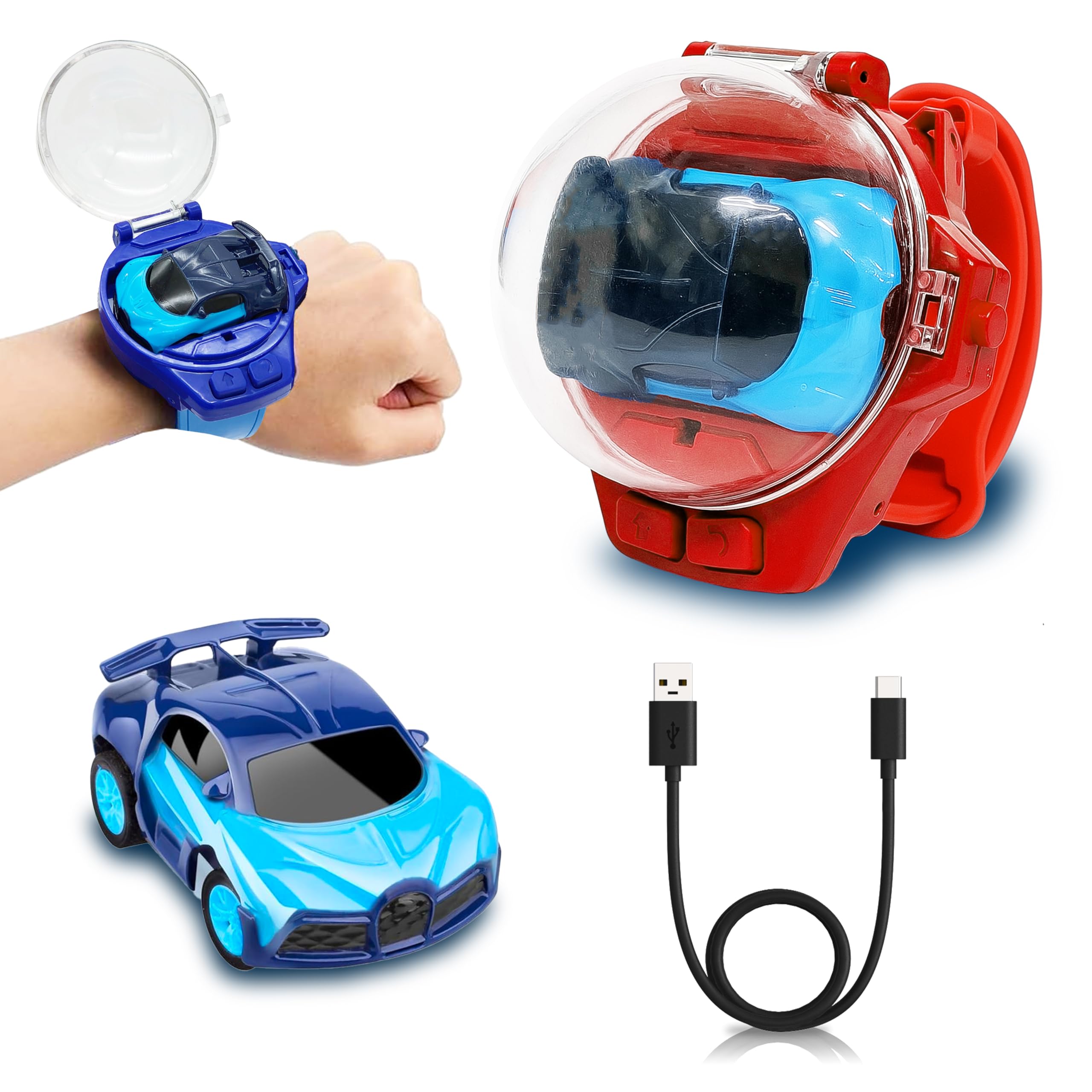 VGRASSP 2 in 1 Wrist Watch Remote Controlled Rechargeable Mini Car Toy for Kids with USB Charging Cable - 2 Function Remote in Watch, Blinking Lights in Car - Color As Per Stock-image-38