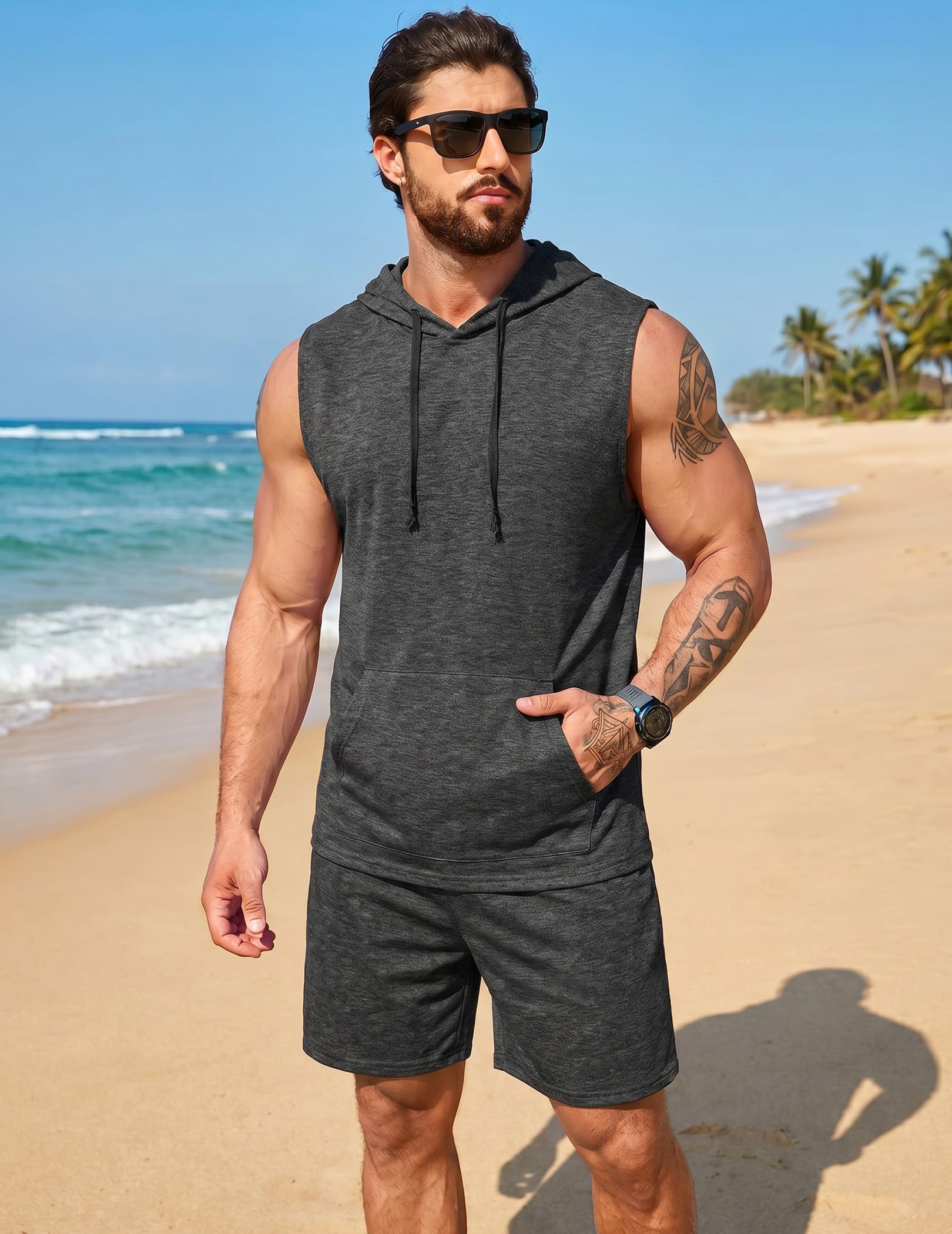 COOFANDY Ensemble de 2 débardeurs à capuche sans manches pour homme avec short de sport et sweat à capuche, gris foncé, XX-Large