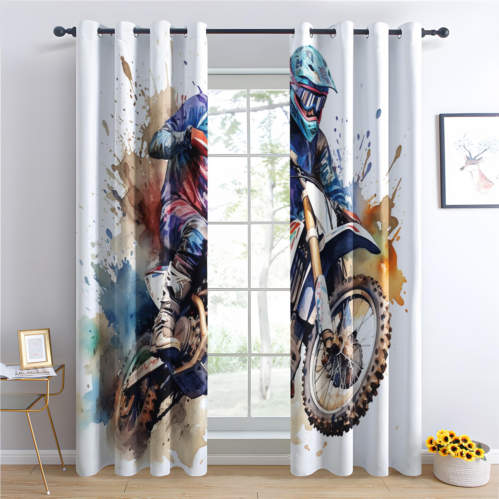 Vorhänge Dirt Bike - Jungen Motocross-Fahrer Fenster Gardinen mit Ösen, Vorhang Blickdicht Verdunklungsvorhänge Thermovorhang für Wohnzimmer Schlafzimmer Deko 2er Set, H 160 x B 132 cm G&-234