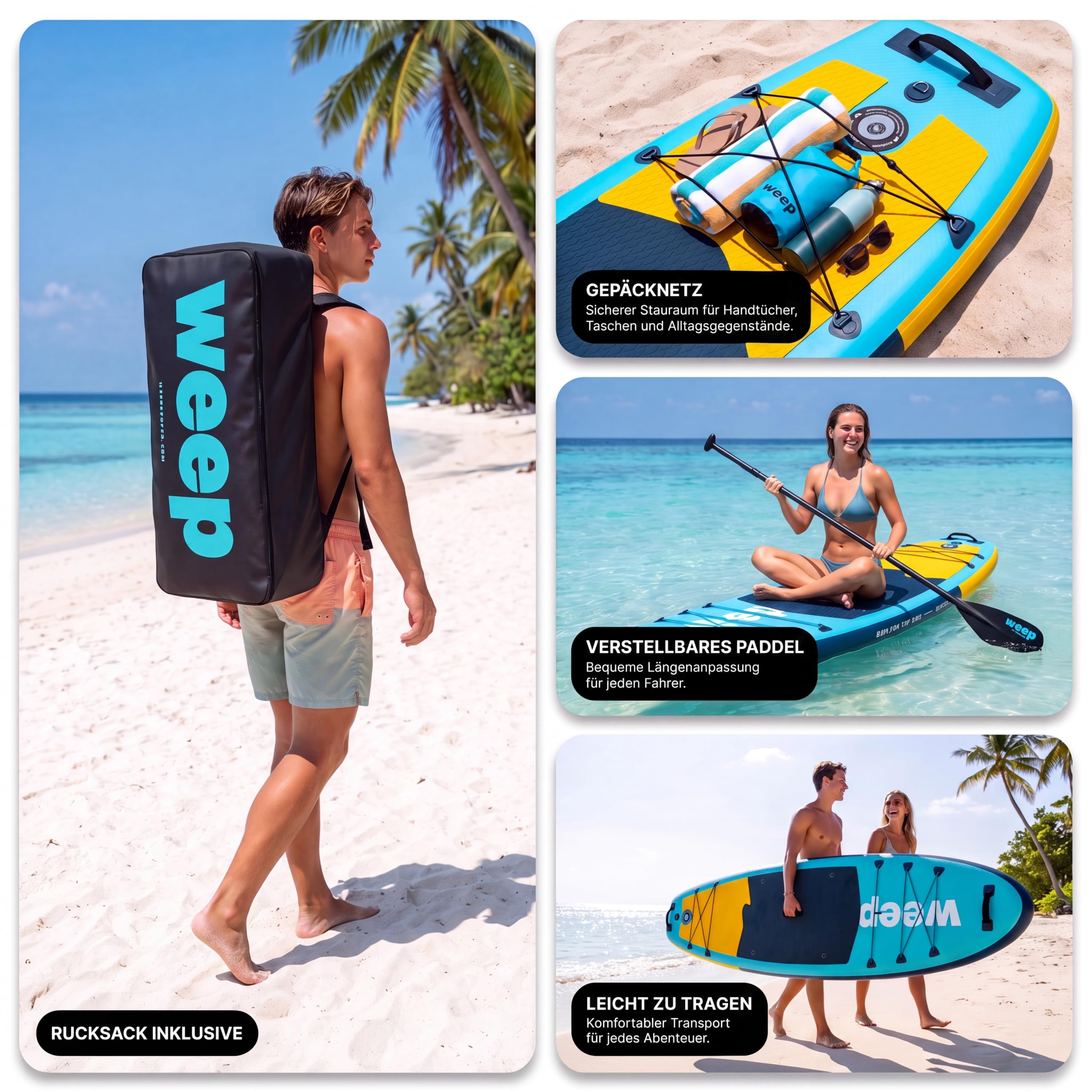 weep Stand Up Padding Board aufblasbar 365cm & 350cm & 320cm, SUP Board - mit 2in1 Aluminium Paddel, Pumpe, Rucksack, Leash, 3 Finnen, stabiles Paddle Board Komplettset - für Touring, Yoga & Freizeit