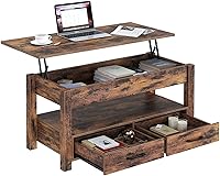 Vista 9 de Mesa Auxiliar, Mesa de Centro con Cajones y Compartimento Oculto, Mesa Central Retro con Tablero de Elevación de Madera, para Sala de Estar Espresso