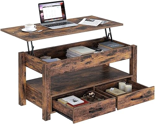 Miniatura 9 de Mesa Auxiliar, Mesa de Centro con Cajones y Compartimento Oculto, Mesa Central Retro con Tablero de Elevación de Madera, para Sala de Estar