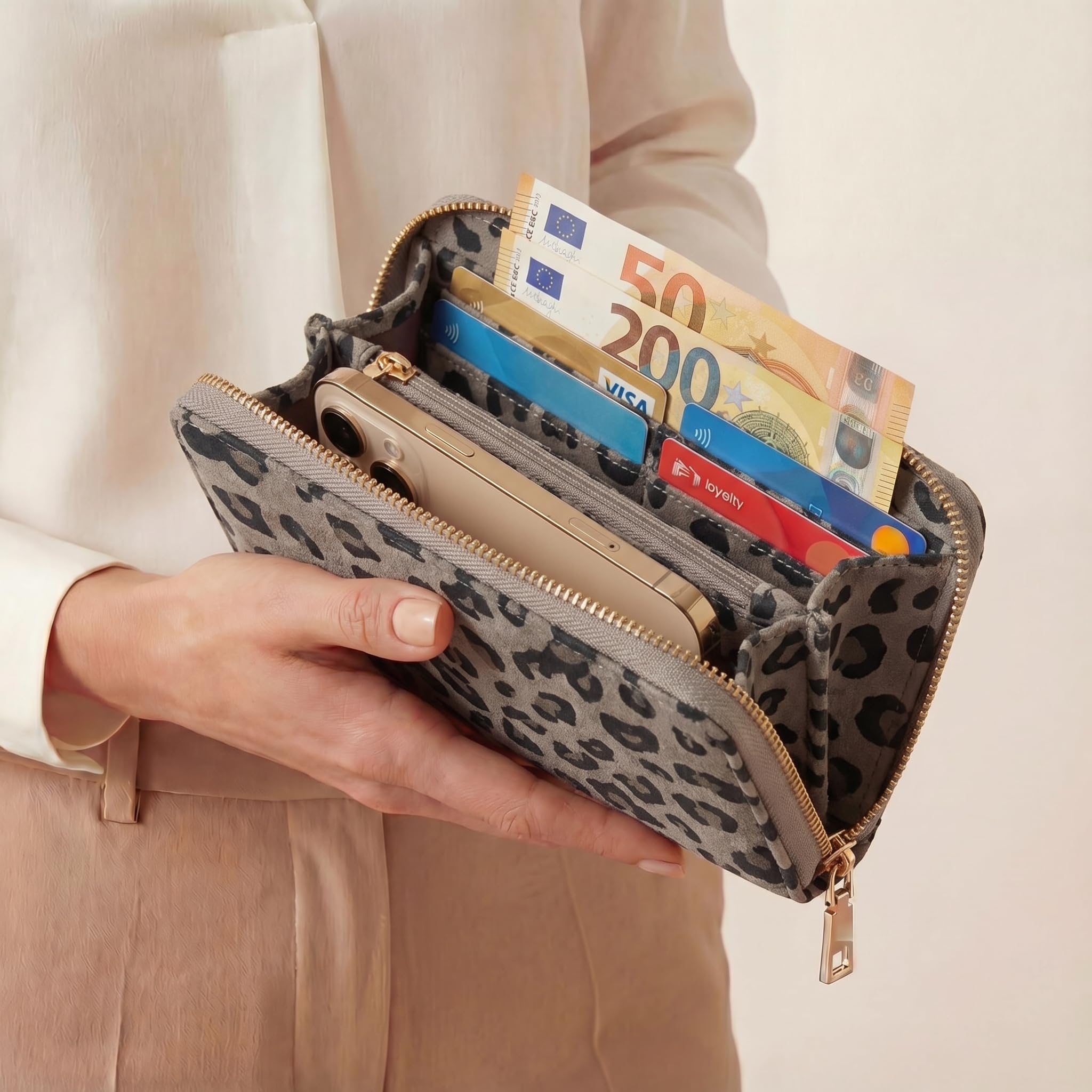 MillyMilk® Savana Large – Großer Leo Portemonnaie & Geldbeutel für Damen – Geräumige Geldbörse im Leopard Design in Wildlederoptik Animal Print – Stilvolle Clutch Wallet (Leo GRAU)