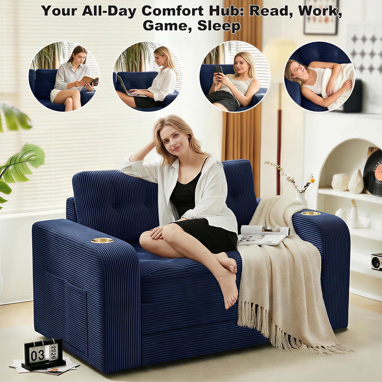 Boneless Loveseat Sleeper Sofa Bed, 2‑in‑1 Convertible Sofa Bed, Folding Boneless Couches for Living Room, Fold Out Small Foldable Loveseat Floor Sleeper Comfy Mattress Lounge Space‑Saving, Blue