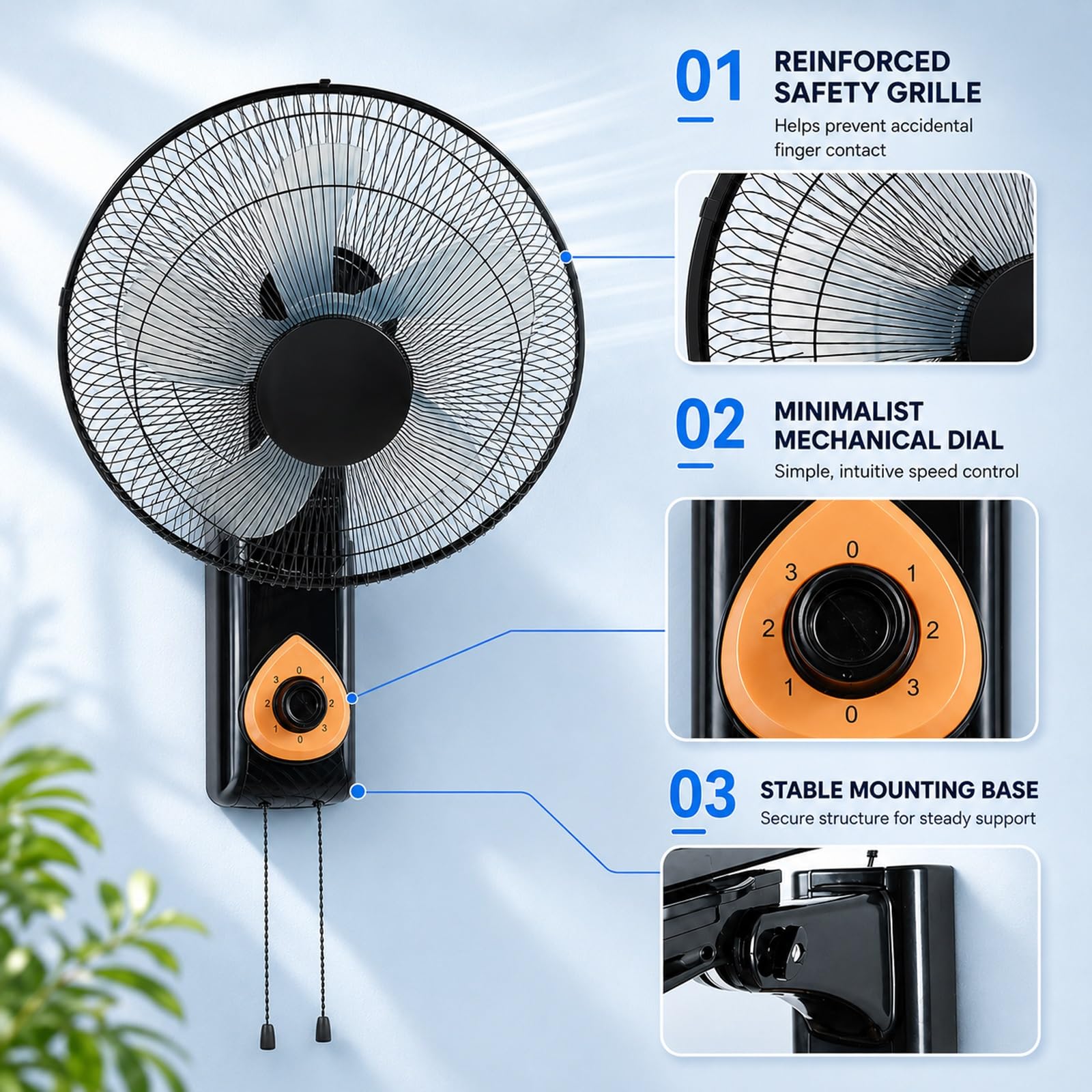 Ventilatore da Parete Solare con Pannello Solare e CA | Ventilatore a muro silenzioso oscillazione 120° doppia ricarica CA/solare per camping