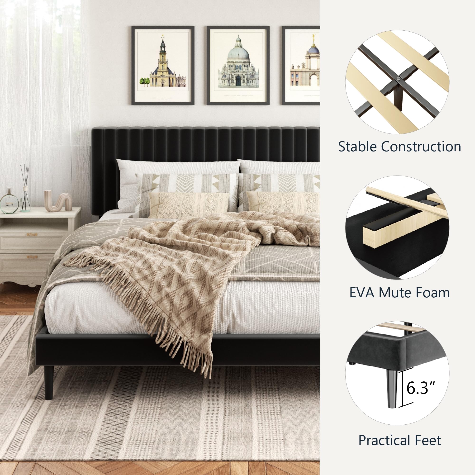 Base de cama tamaño King, base de cama con plataforma tamaño King y cabecera tapizada de terciopelo con listones de madera fuertes, somier opcional, base de colchón, fácil montaje, color negro 4