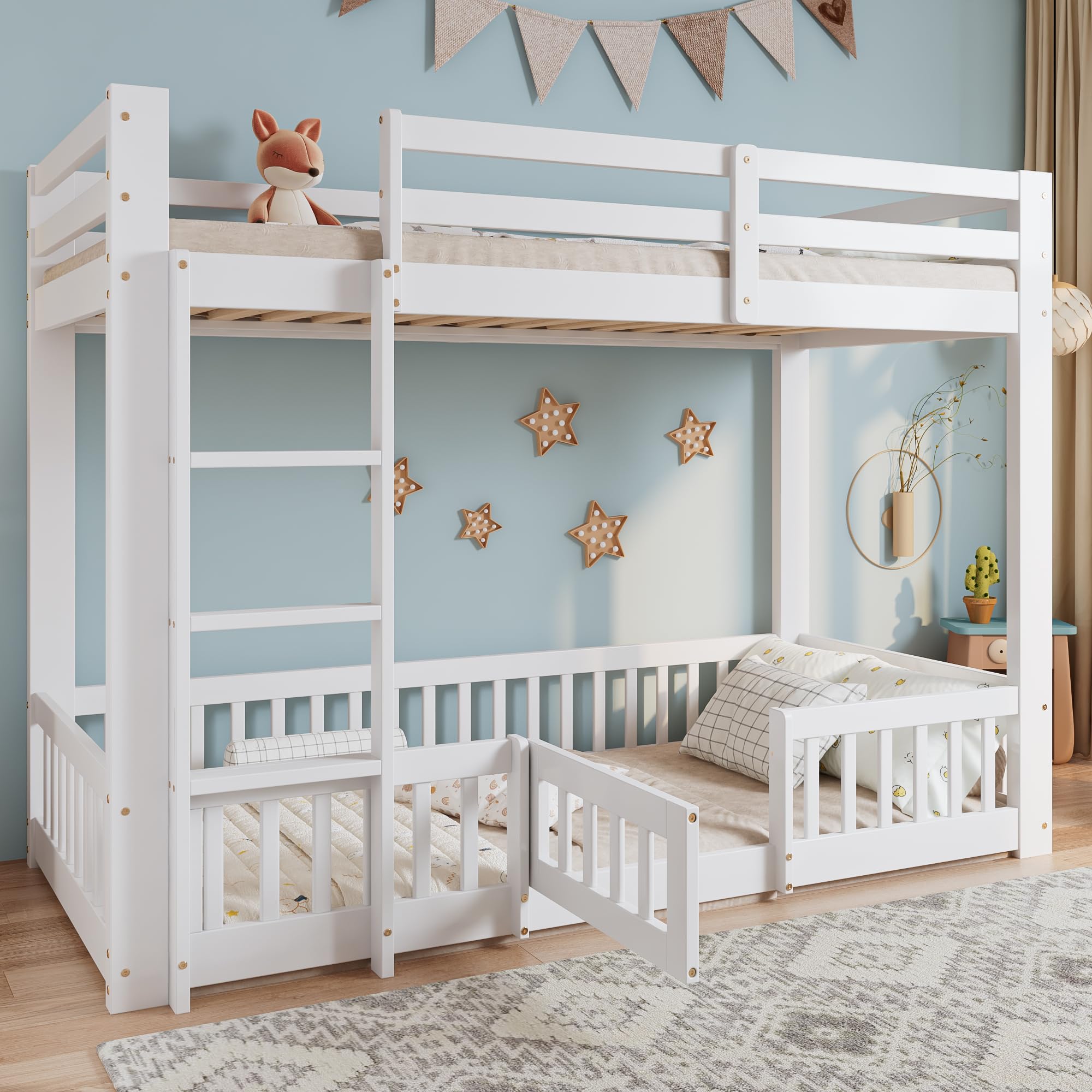 Etagenbett 90x200 cm, Kinderbett für 2 Kinder, Massivholz Einzelbett, Hochbett mit Rausfallschutz, Stockbett mit Zäune und Türchen, Jugendbett, ohne Matratze, Weiß