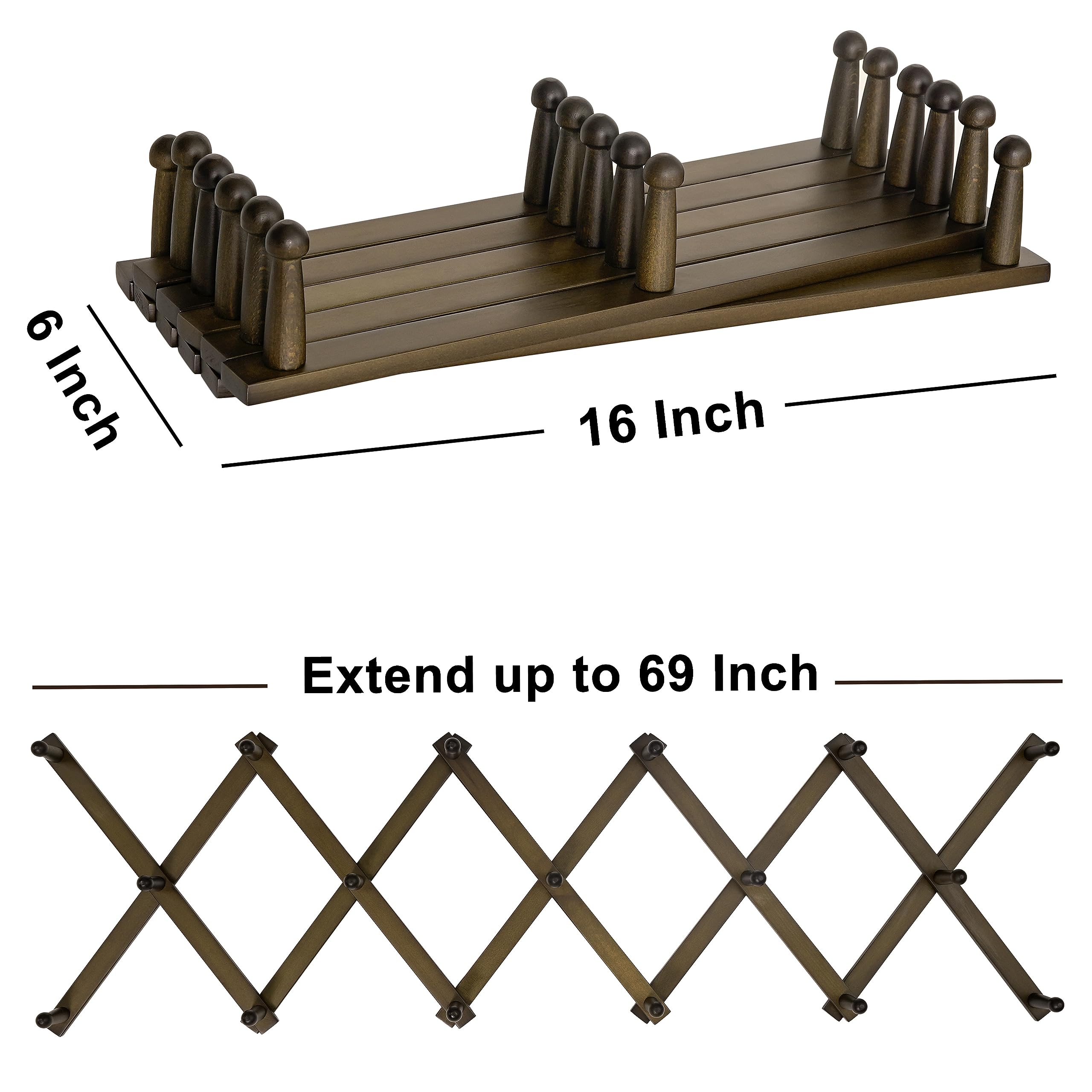 Dseap Accordion Wall Hanger: 16'' High Wooden Wall Expandable Coat Rack,Hat Rack Holder,Accordion Hook for Baseball Caps,Coats,17 Peg Hooks,Dark Walnut
