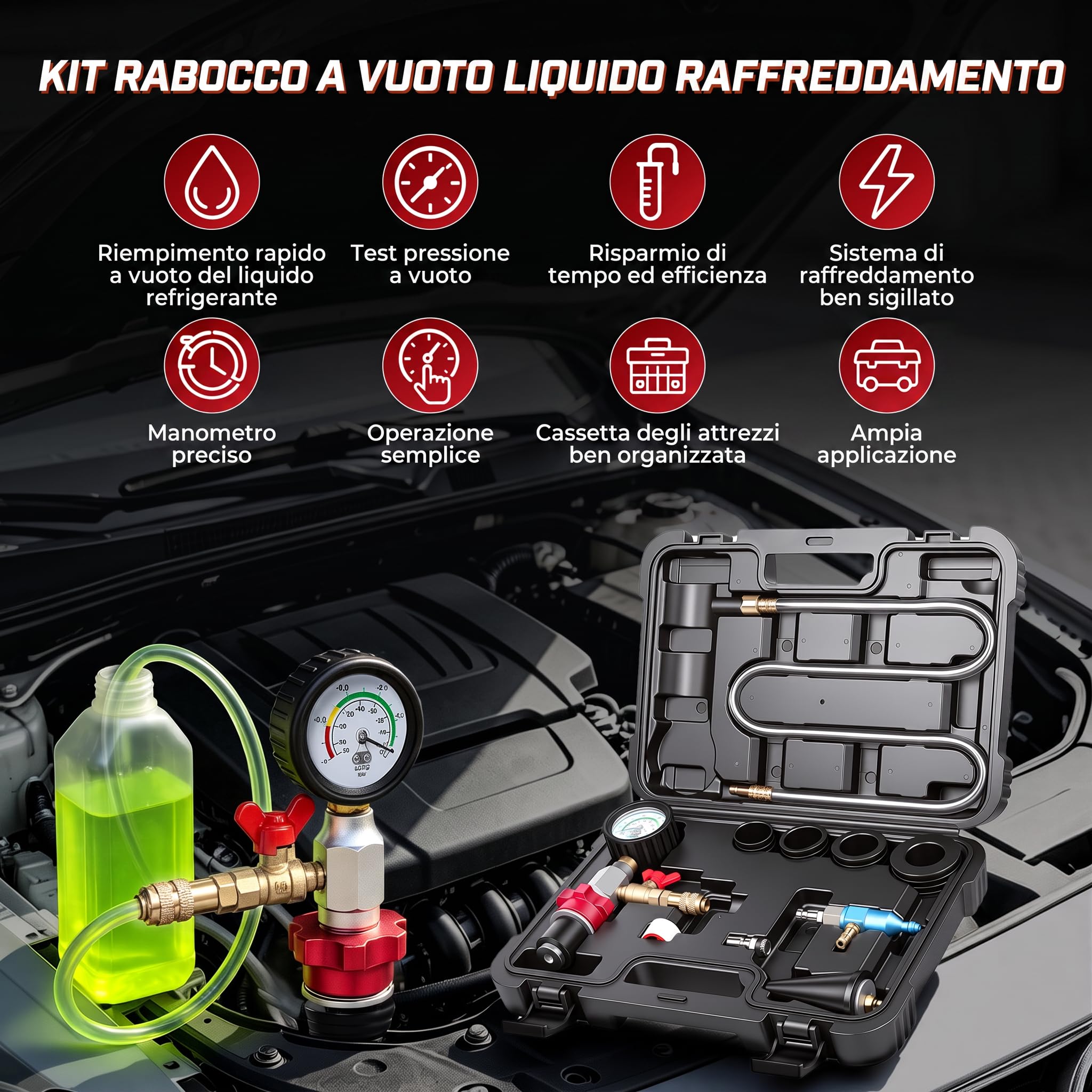 KAISAL Kit di sfiato e ricarica per liquido refrigerante per auto | Riempitore pneumatico antigelo con manometro, 5 adattatori di dimensioni per tutti i veicoli