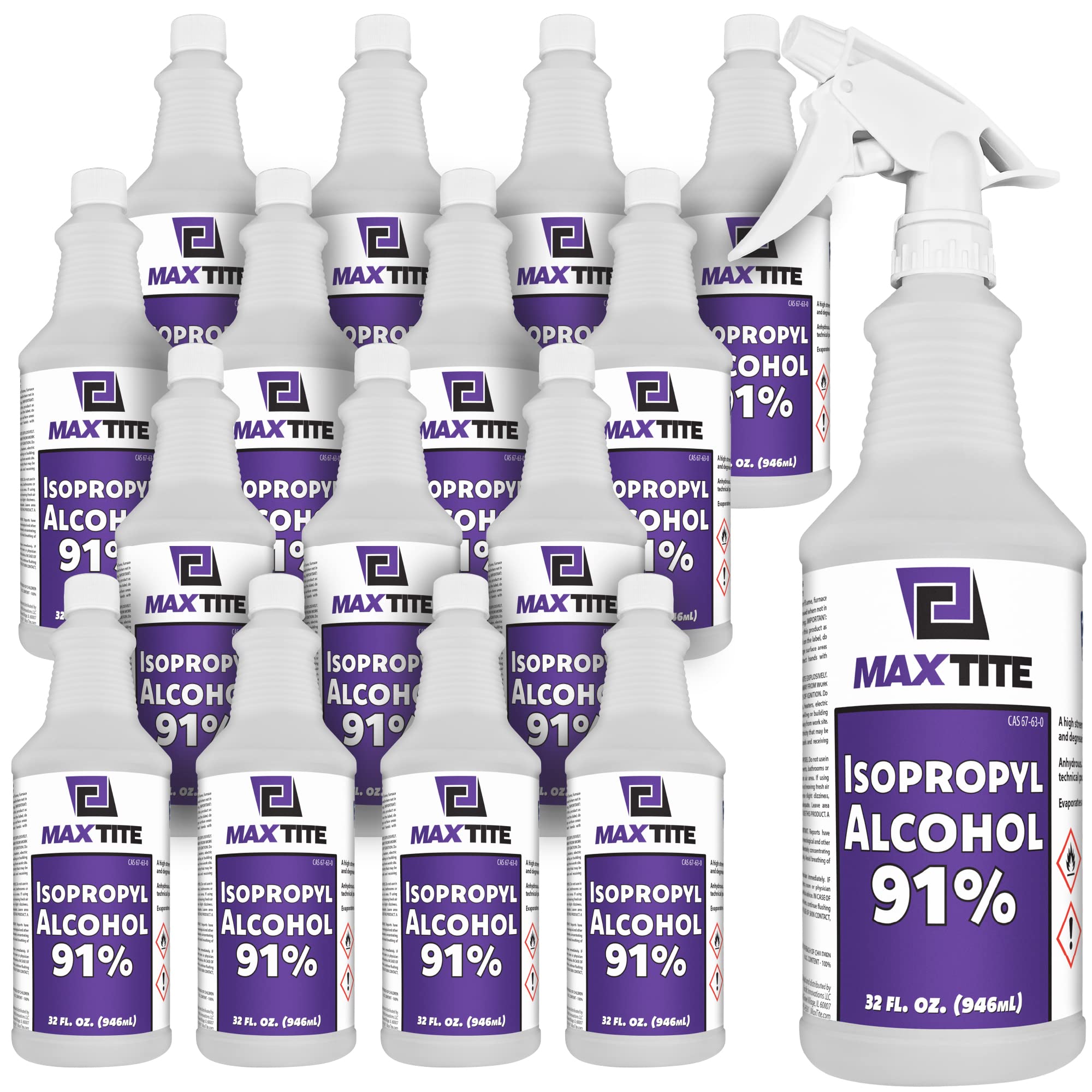 MaxTite 91% Isopropyl Alcohol (4 Gallons (16 Pack, 32 fl oz) - Includes Heavy-Duty Spray Nozzle - Made in USA