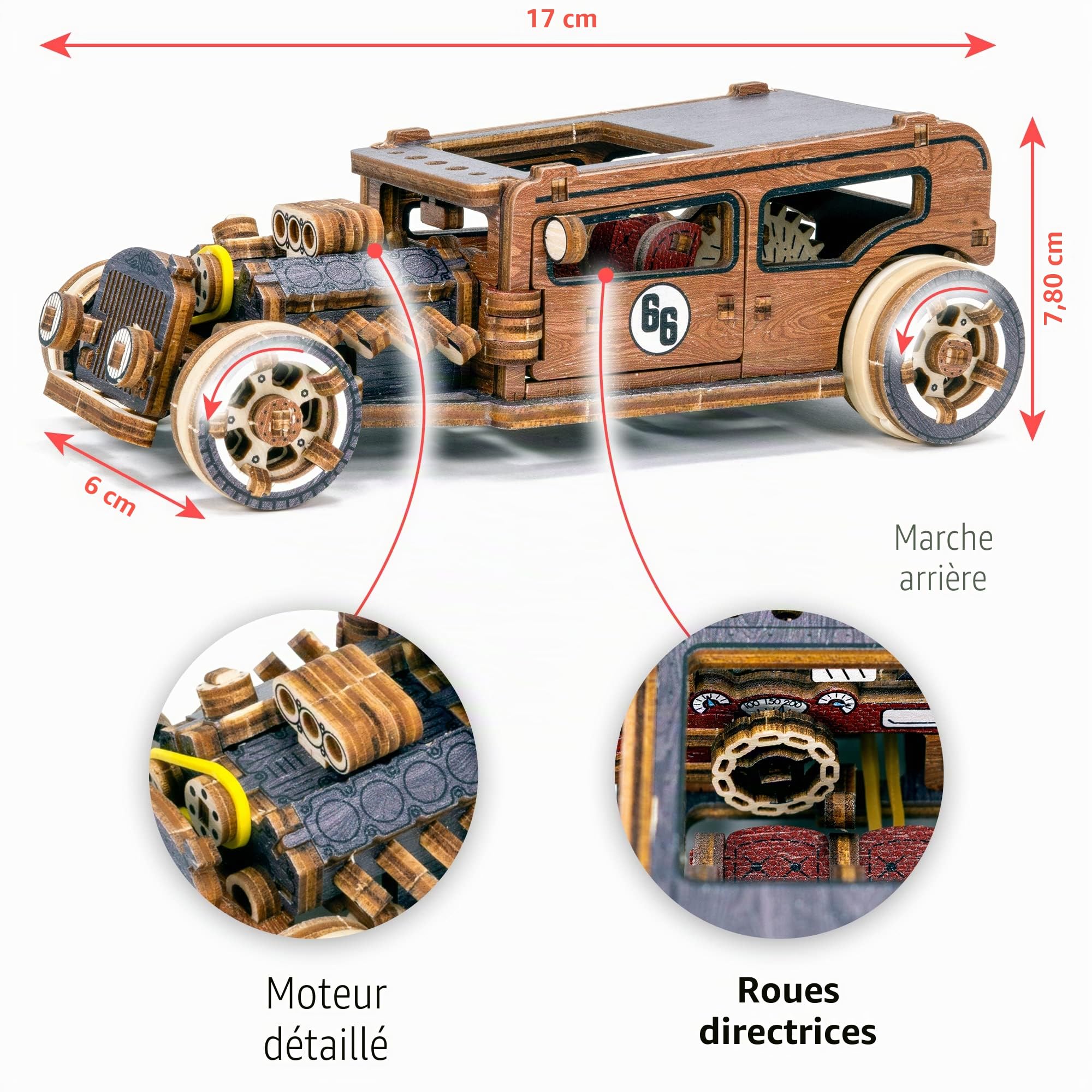 WOODEN.CITY Hot Rod Limited Edition - Kits de Maquettes en Bois 3D pour Adultes pour Construire des Voitures - Casse-tête Rétro en Bois 3D 142 pièces, Kit de Voiture en Vois à l'échelle 1/32