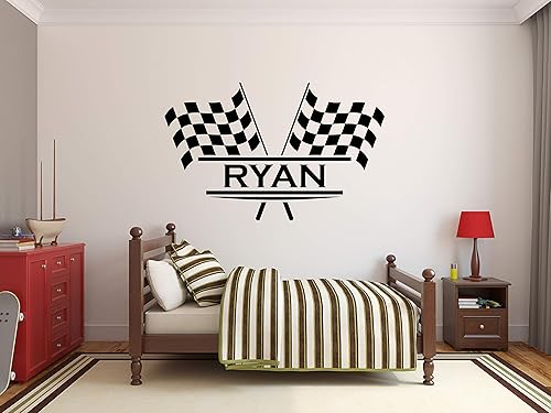 Miniatura 2 de Calcomanía de pared personalizada con banderas de carreras, decoración de habitación de bebé, calcomanías de pared para guardería, decoración de