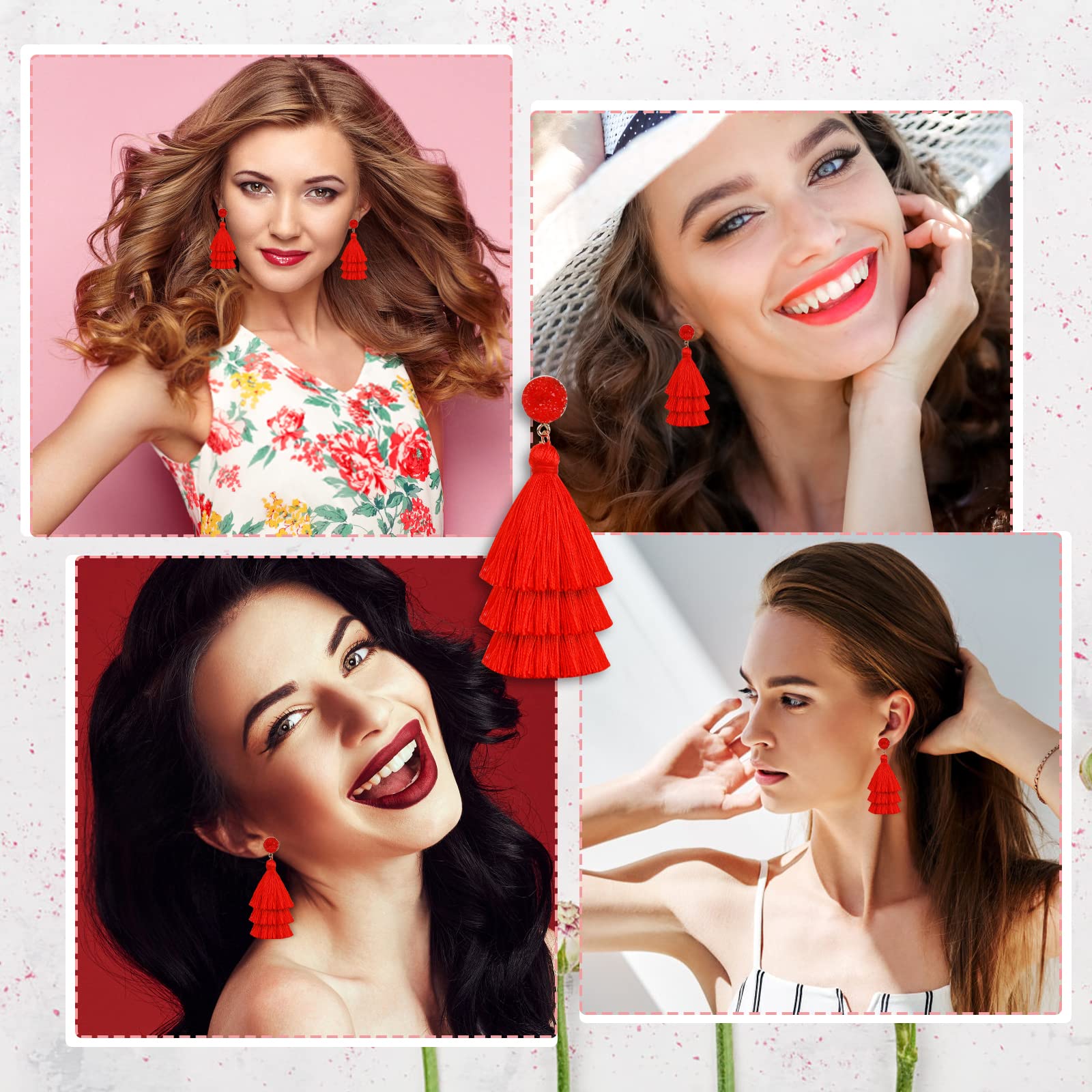 Pendientes Bohemios Borla Capas Colgantes Boho Hilo Rojo Mujer