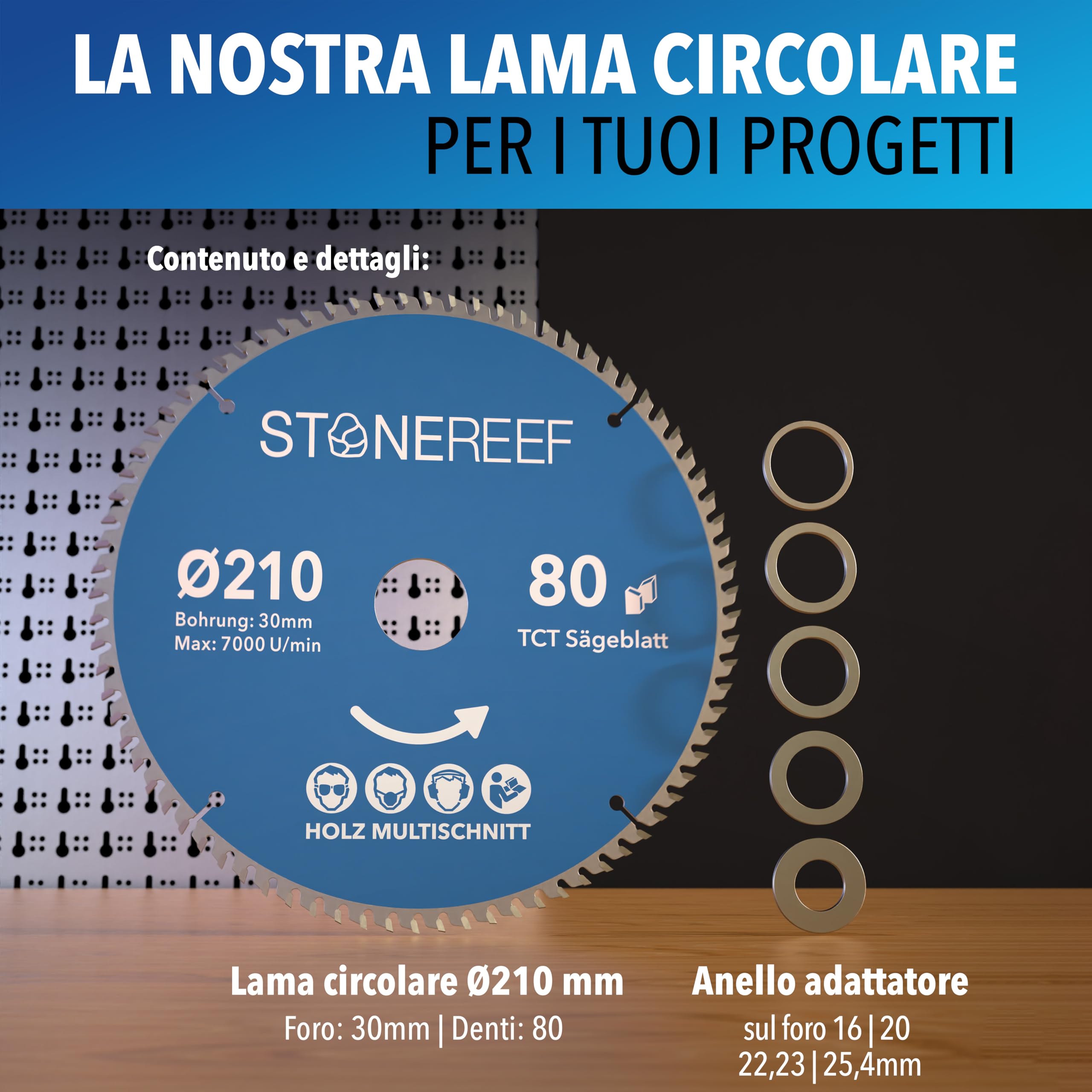 Lama per sega circolare 210 x 30 cm, con adattatore per foro da 20 e 16 mm, compatibile con smerigliatrice angolare di Bosch, Makita ecc. – Lama per sega circolare – per legno