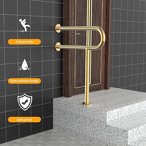 Miniatura 4 de Barra de apoyo para inodoro de 23.4 pulgadas, soporte de pared para inodoro, barras de apoyo antideslizantes de oro cepillado, barra de agarre