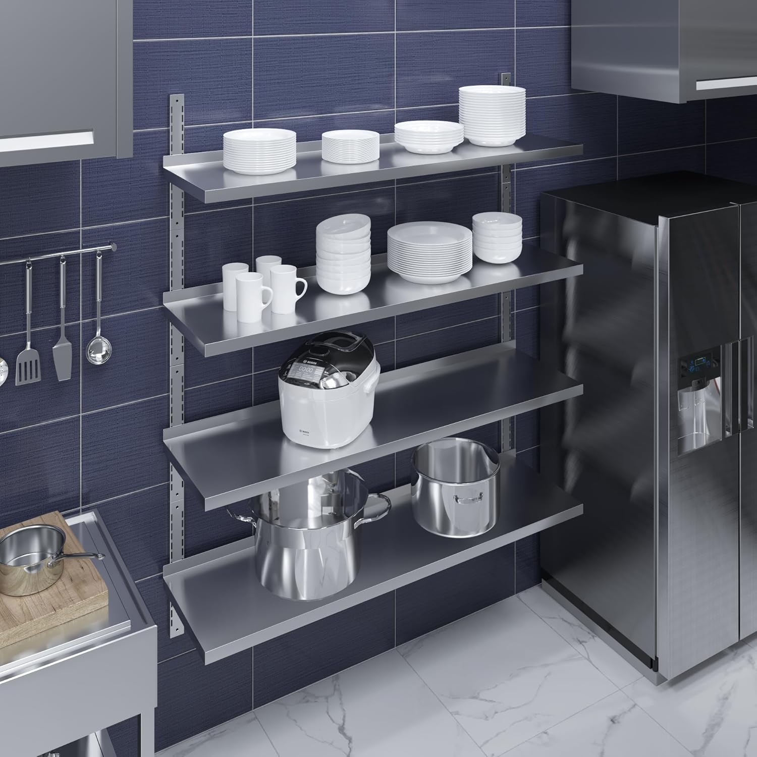 AmGood 16 in. x 60 in. Four-Tier Stainless Steel Wall Mount Shelf | Heavy-Duty Metal Shelving for Kitchen, Garage, Pantry, Closet, and More