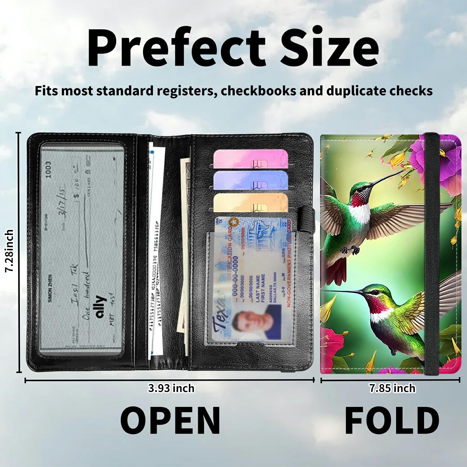DIGTIALL Checkbook Cover for Men & Women – Premium PU Leather Checkbook Holder with RFID Blocking & Elastic Strap,Humming bird Flower