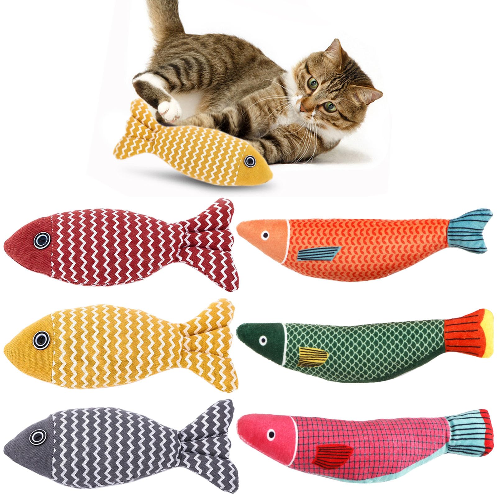 SUBANG 6 Pieces Cat Toys Cat Pillows Fish Catnip Crinkle Sound Toy Interactive Cats Kicker Toys for Indoor Kitten Exercise Outdoor Play Cats