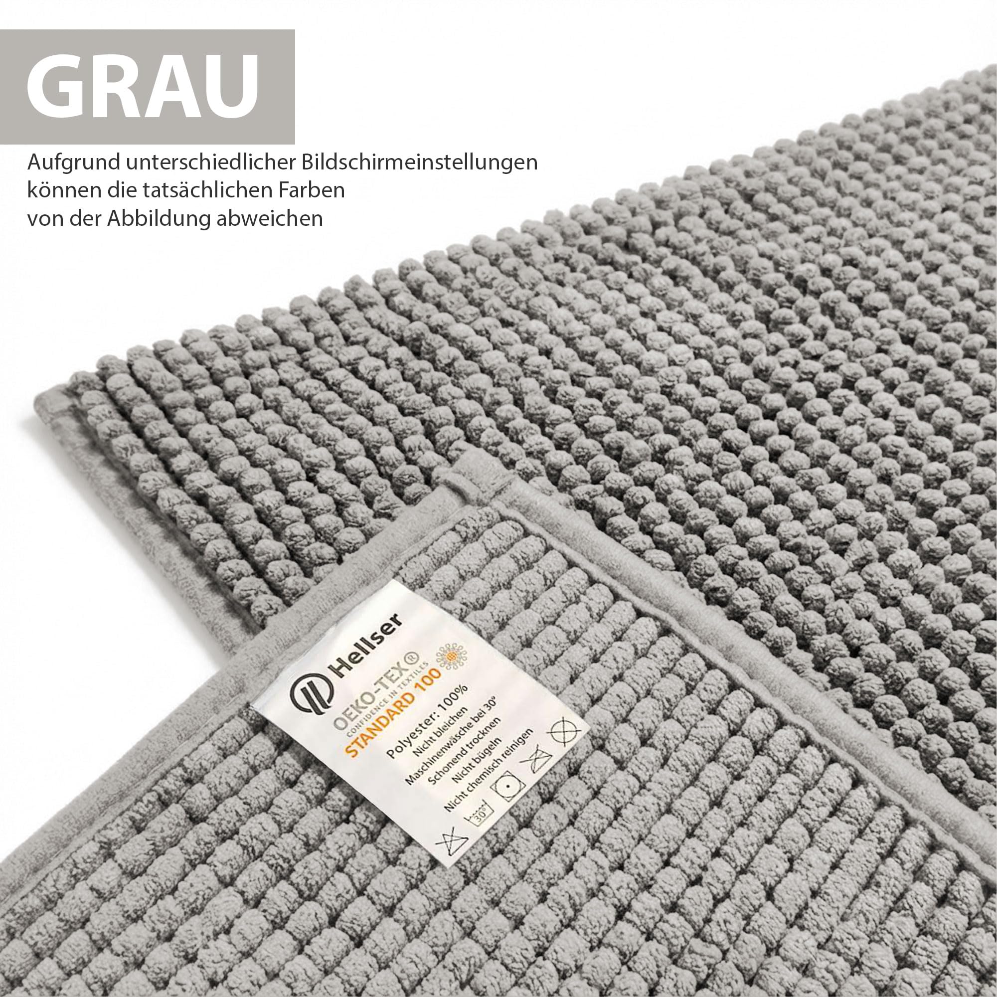 HELLSER Badezimmerteppich Dana | rutschfest & Waschbar | Weiche Chenille Badematte Kurzflor | Saugfähig & Schnelltrocknend | Oeko-TEX für Fußbodenheizung | Grau | 60x120 cm