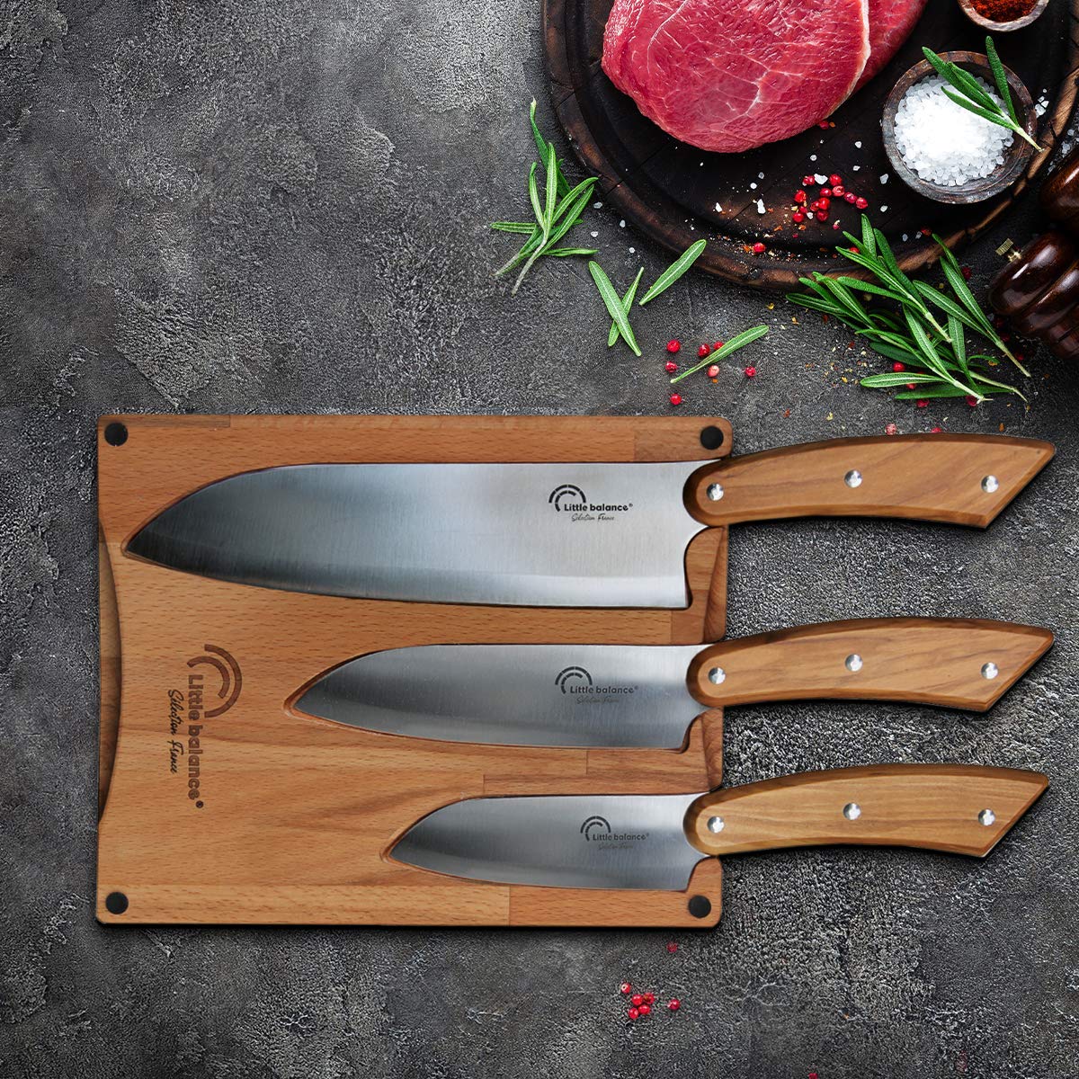 Little balance 8424 - Planche 3 couteaux Santoku - Fabrication 100% française - Set 3 couteaux Santoku, Lame Inox Esprit de Thiers - Manche Bois d'Olivier - Planche à découper