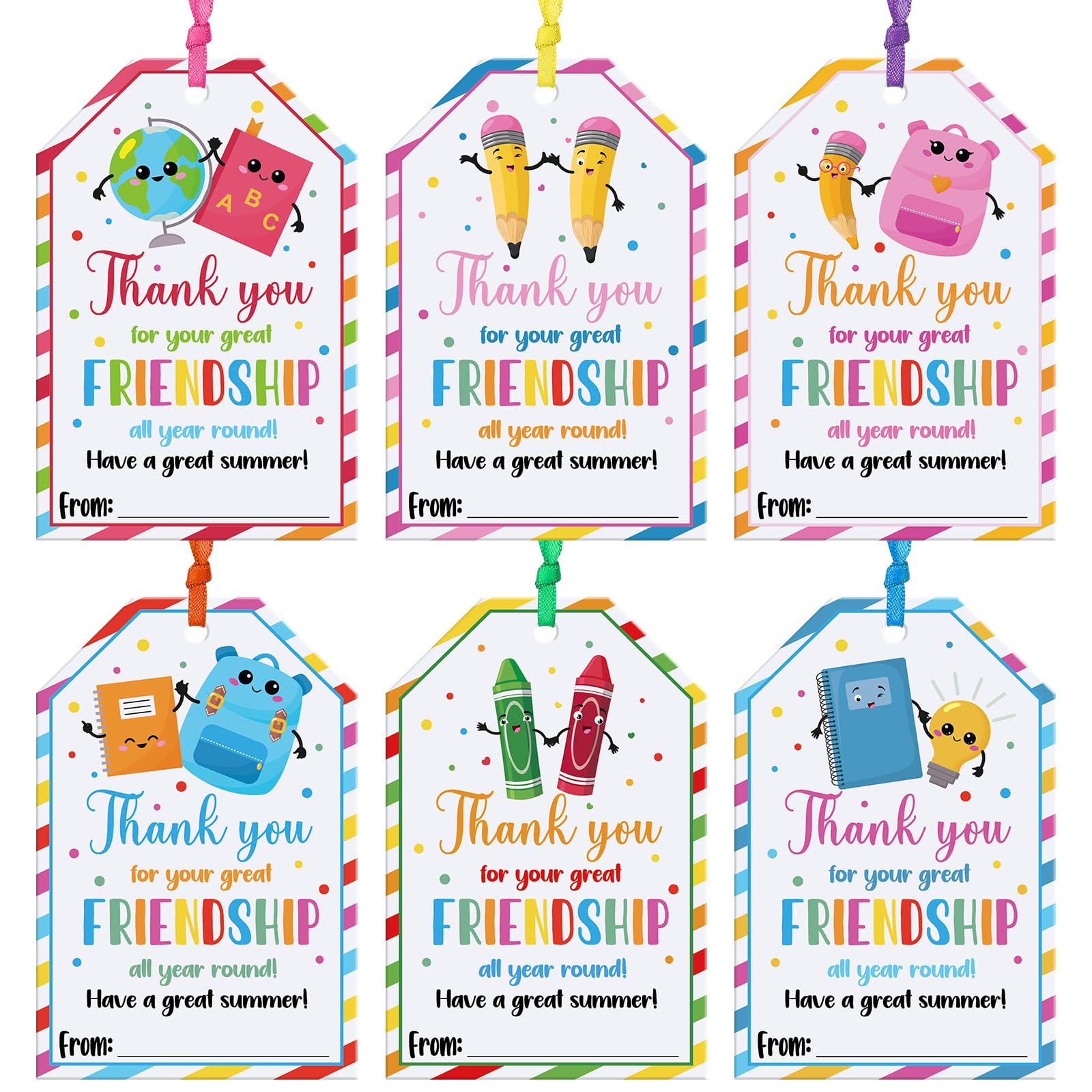 MotiMind 60 Pcs End of School Year Friendship Style Gift Tags with Strings Classroom Thank You Appreciation Gift Tags Graduation Summer Party Favor