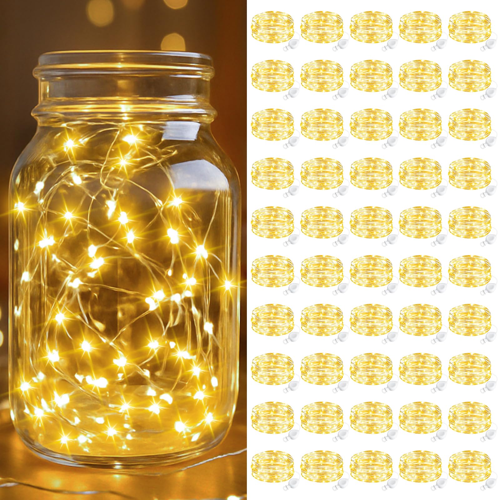 btfarm Lichterkette batteriebetrieben, 20 LEDs, Mini-Lichterkette, wasserdicht, Silberdraht für Einmachgläser, Tafelaufsatz, Tischdekoration, Schlafzimmer, Weihnachtsdekoration, Warmweiß, 50 Stück