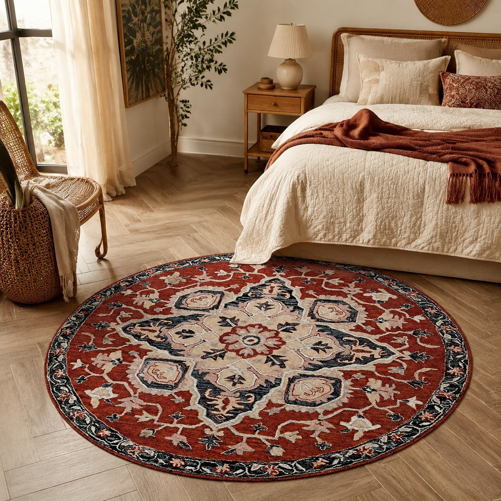 Tapis vintage rouge beige noir de forme ronde avec diamètre personnalisé pour bureau