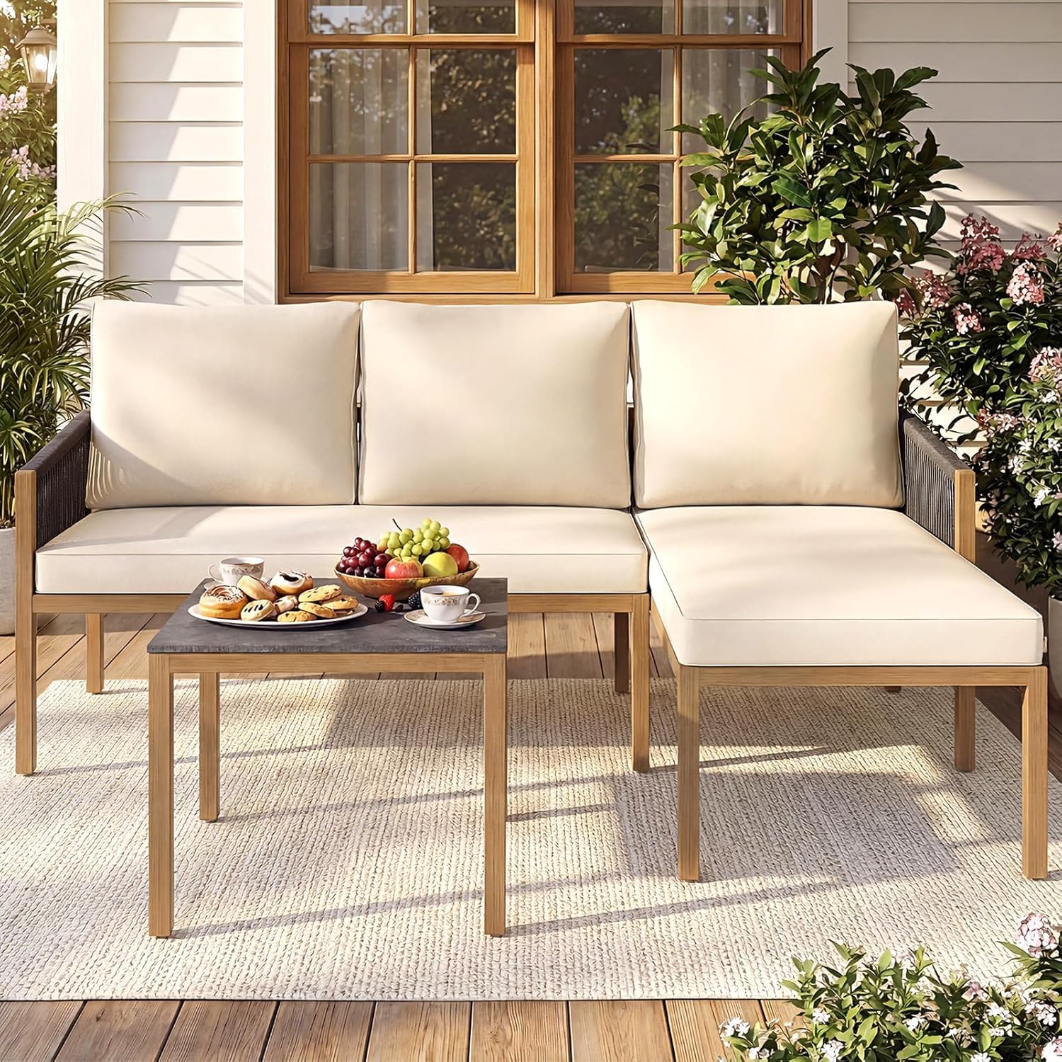 FANTASK Lounge Möbel Outdoor, Gartenmöbel Set 3-teilig mit Tisch & Kissen, Sitzgruppe für Garten, Balkon & Terrasse, ideal als Balkonmöbel & Terrassenmöbel