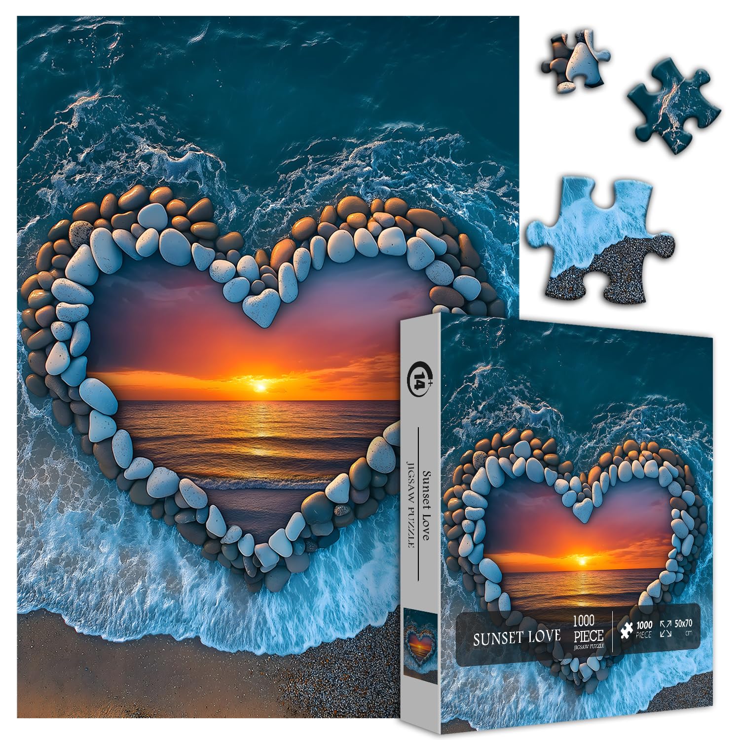 PICKFORU Beach Puzzles for Adults 1000 Piece, Ocean Heart Colorful Sunset Jigsaw Puzzle Scenic Scenery, Summer Marine Love Themed - Image 2