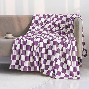 LOMAO Throw Blankets Flannel Blanket with Checkerboard Grid Pattern Soft Throw Blanket for Couch, Bed, Sofa Luxurious Warm and Cozy for All Seasons (Purple, 50"x60")