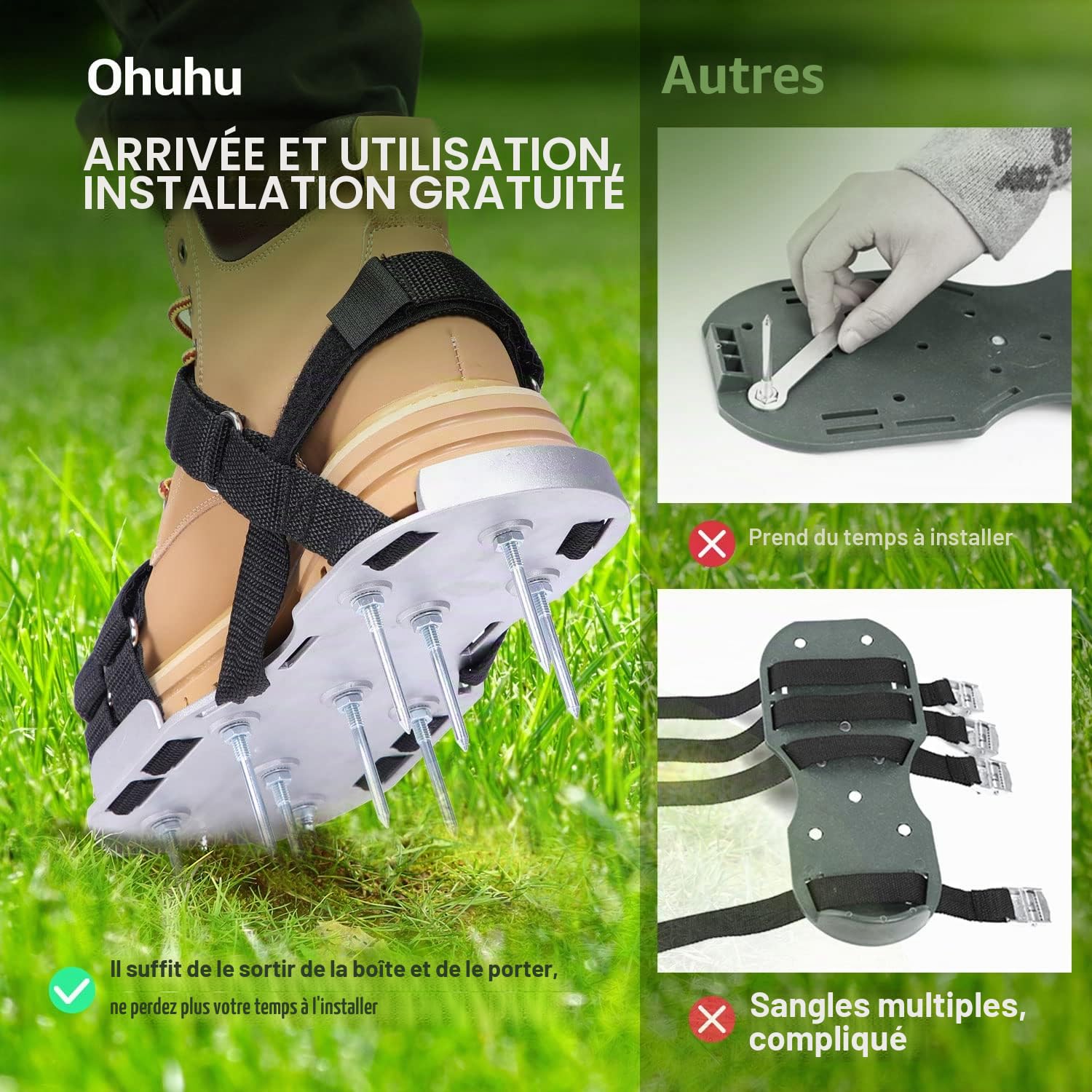 Ohuhu Sandales Aérateur Pelouse Installation Gratuite, Aérateur de pelouse avec Pelle en Acier Inoxydable, Chaussure à Gazon Chaussures à Ongles Scarificateur Gazon Chaussures pour Gazon