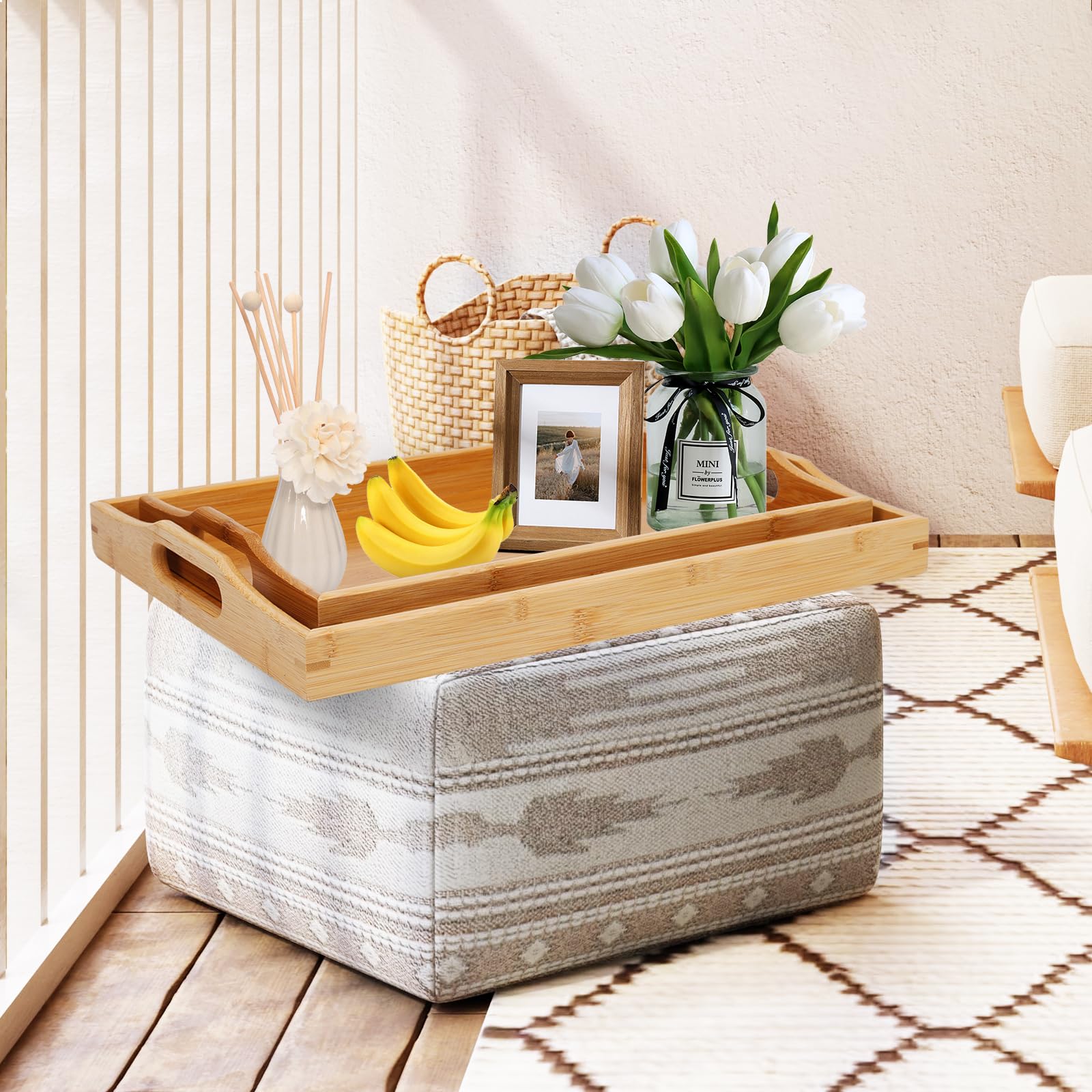 Vassoio Legno Rettangolare, Set di 2 Vassoi da Portata Grandi e Piccoli in Bambù (42 x 32 CM, 38 x 25 CM)