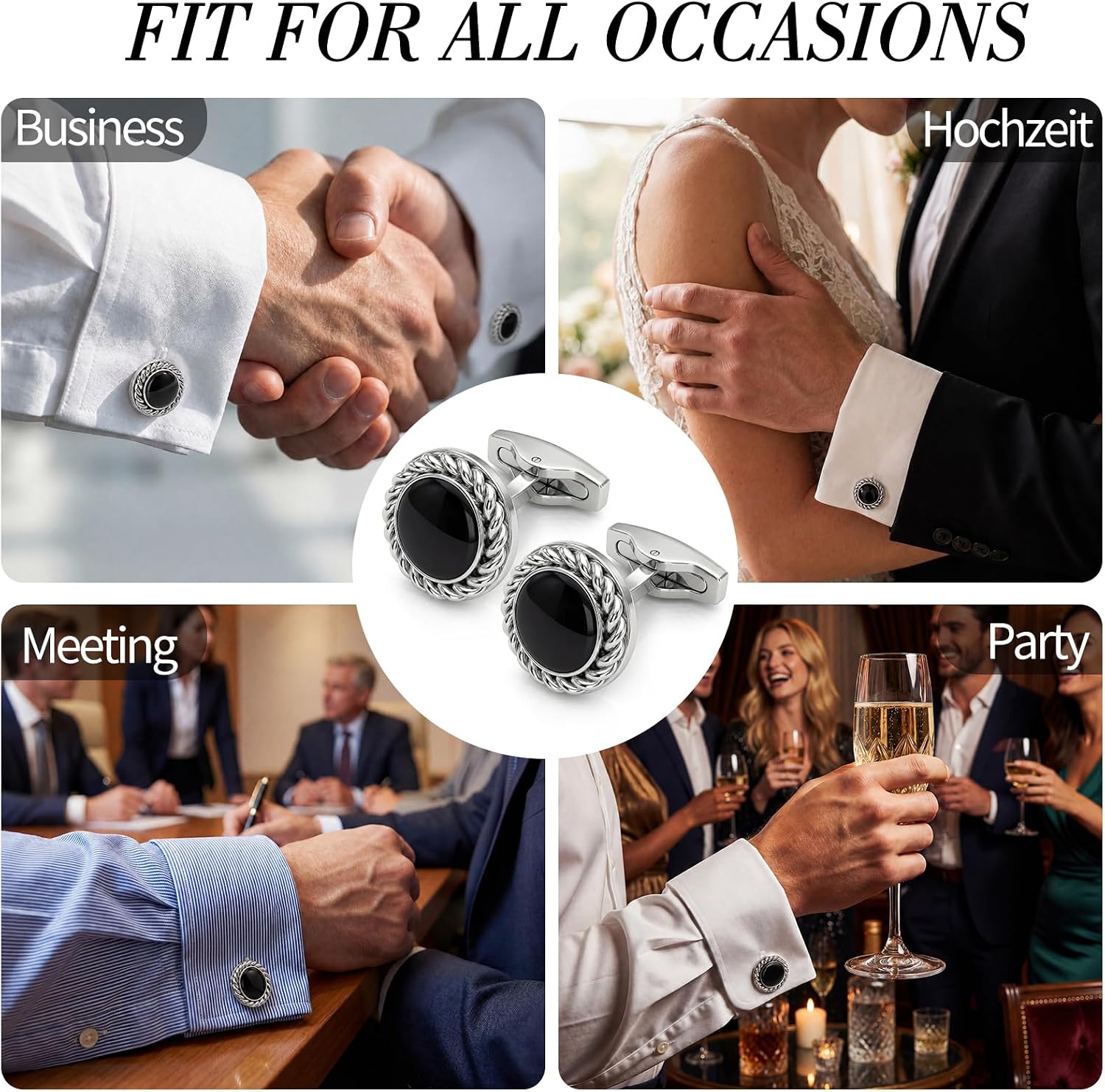 Black Onyx Cufflinks, Stainless Steel Round Cuff Links for Men Wedding Business Gifts