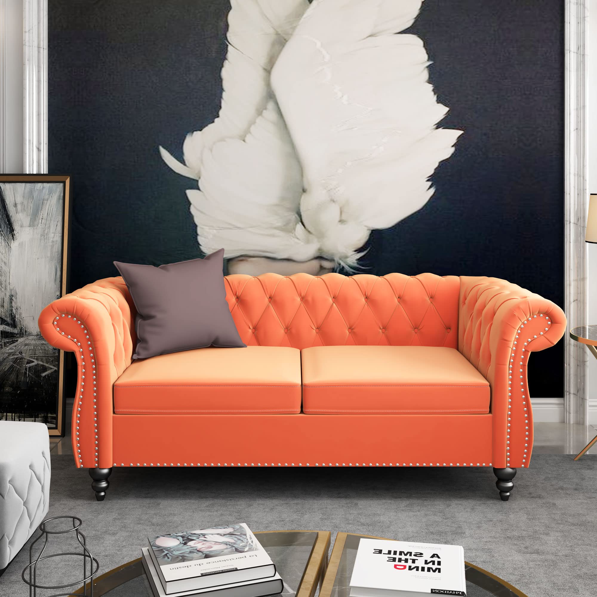 ORRD Chesterfield Loveseat, Modern Velvet Sofa Tufted Couch 2 Seater with Scroll Arms and Nailhead for Living Room, Bedroom, Office, Apartment (Orange