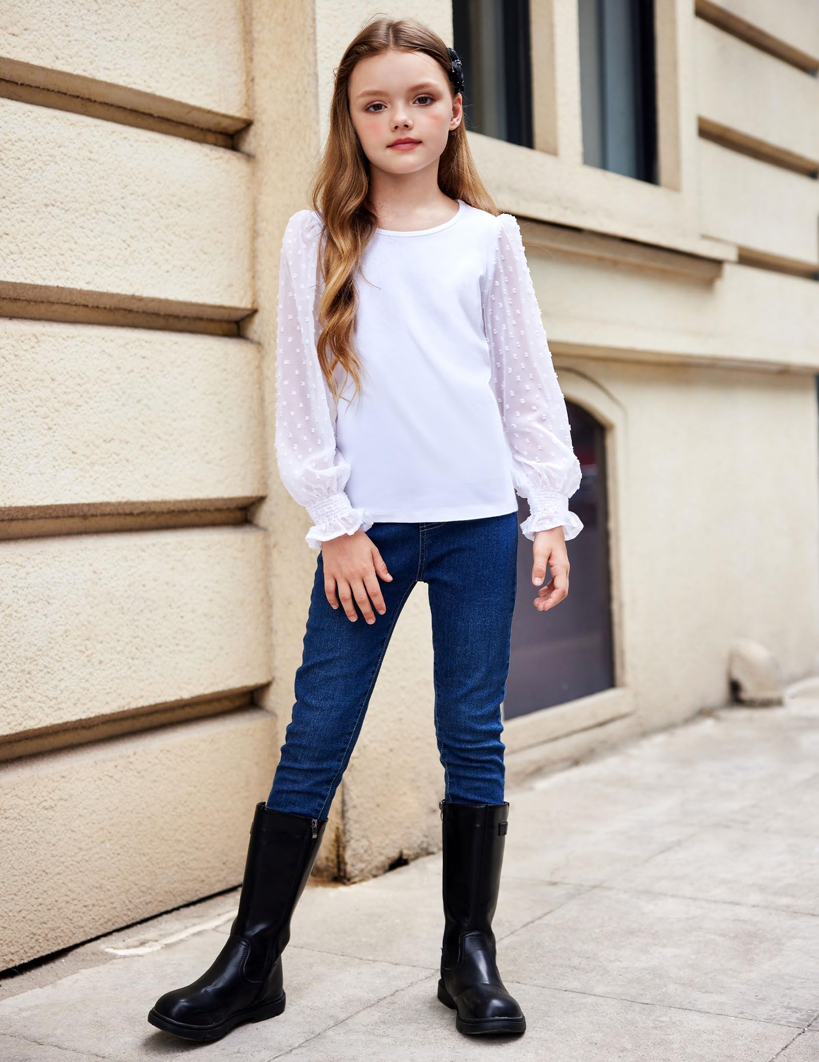 Arshiner Mädchen Langarmshirt mit gesmokten Rüschenmanschetten Polka Schweizer Dots Kinder Pullover Shirts Süßes Rundhals Oberteil Bluse für Mädchen 5-12 Jaher