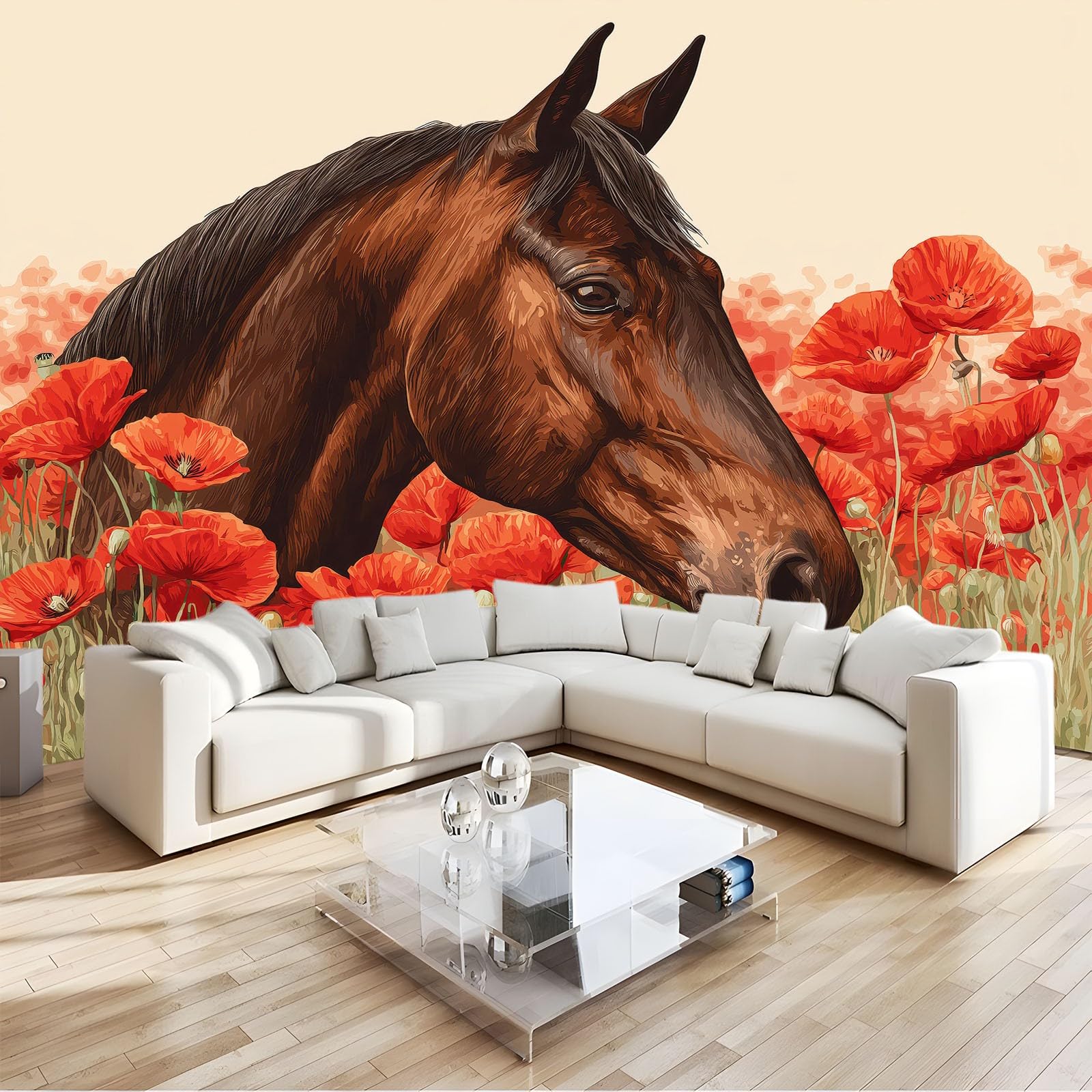 Générique Panoramiczna tapeta wiejska pola kwiatowe konie 3D 200 x 140 cm, włóknina XXL nowoczesna dekoracja ścienna salon sypialnia biuro pokój dziecięcy, beżowy