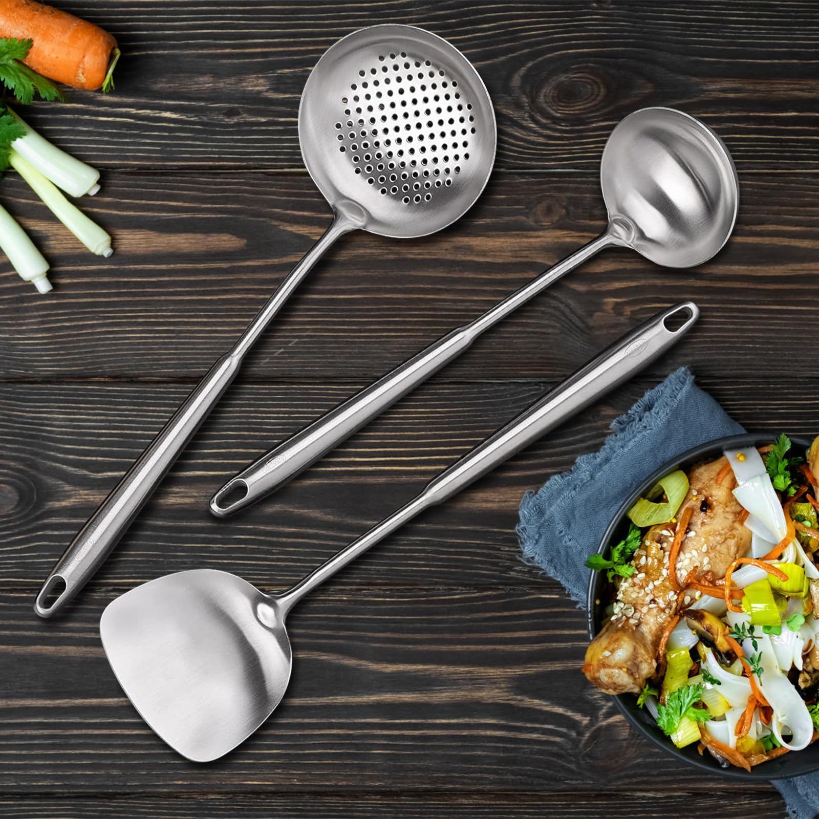 Berglander - Juego De Utensilios Para Wok De Acero Inoxidable (6 Piezas, 17 Pulgadas) - Espátula, Cuchara, Colador
