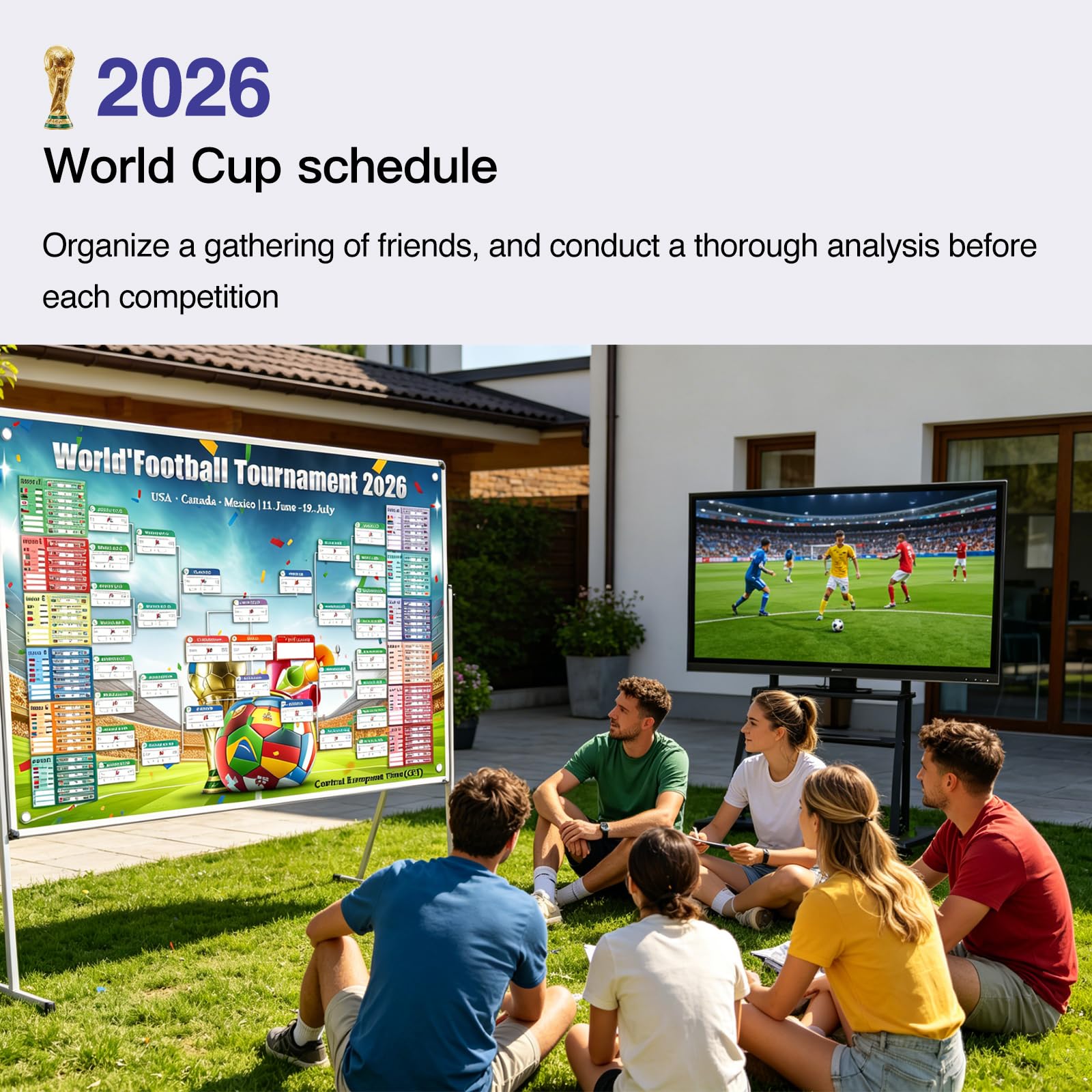 Calendrier Coupe Monde Football 2026, 100cm x 150cm, Couvrant l'ensemble des 104 matchs, y compris les calendriers (heure d'Europe centrale) et les lieux des rencontres