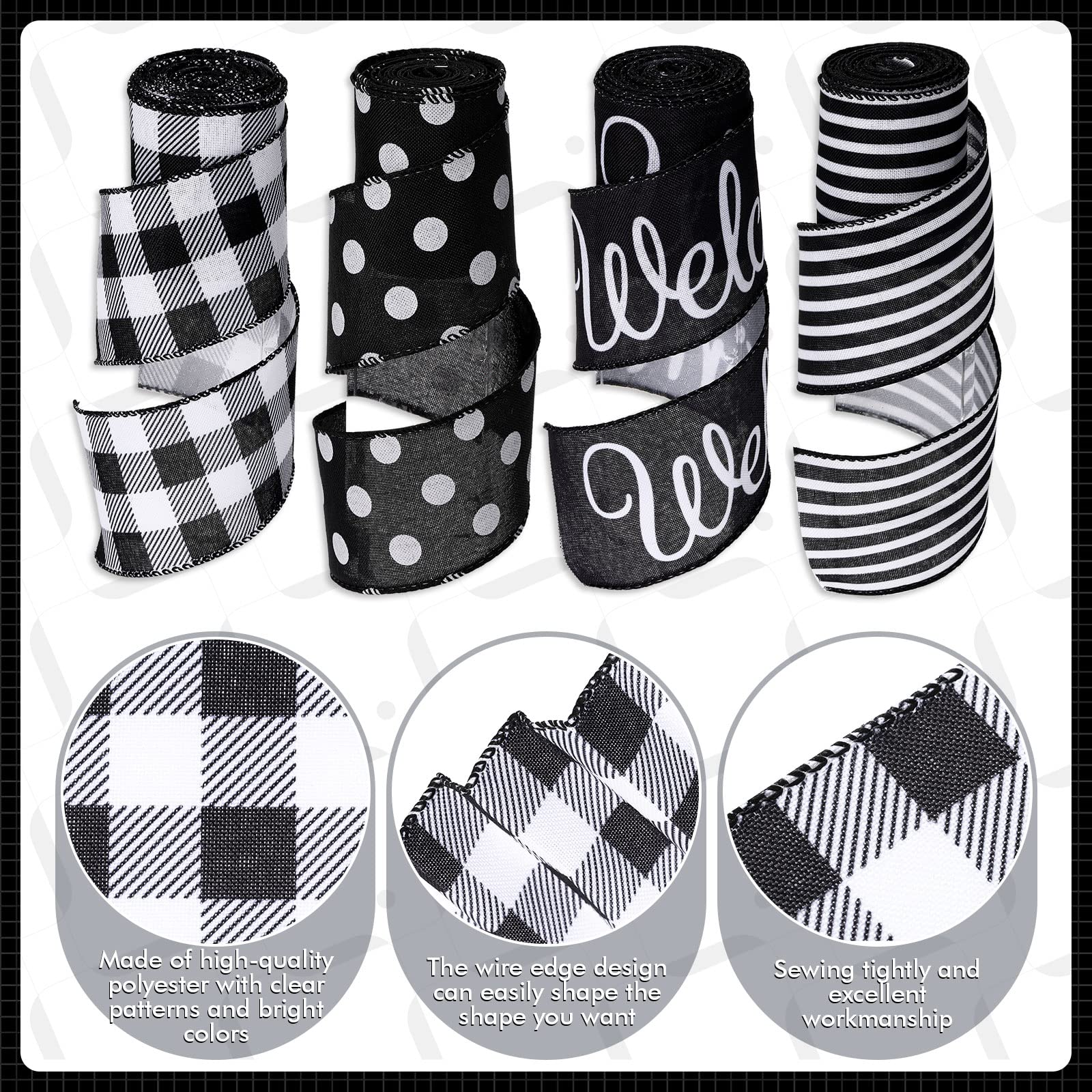 4 Rolls Farmhouse Ribbon Welcome Stripe Dot Buffalo Plaid Ribbon Wired